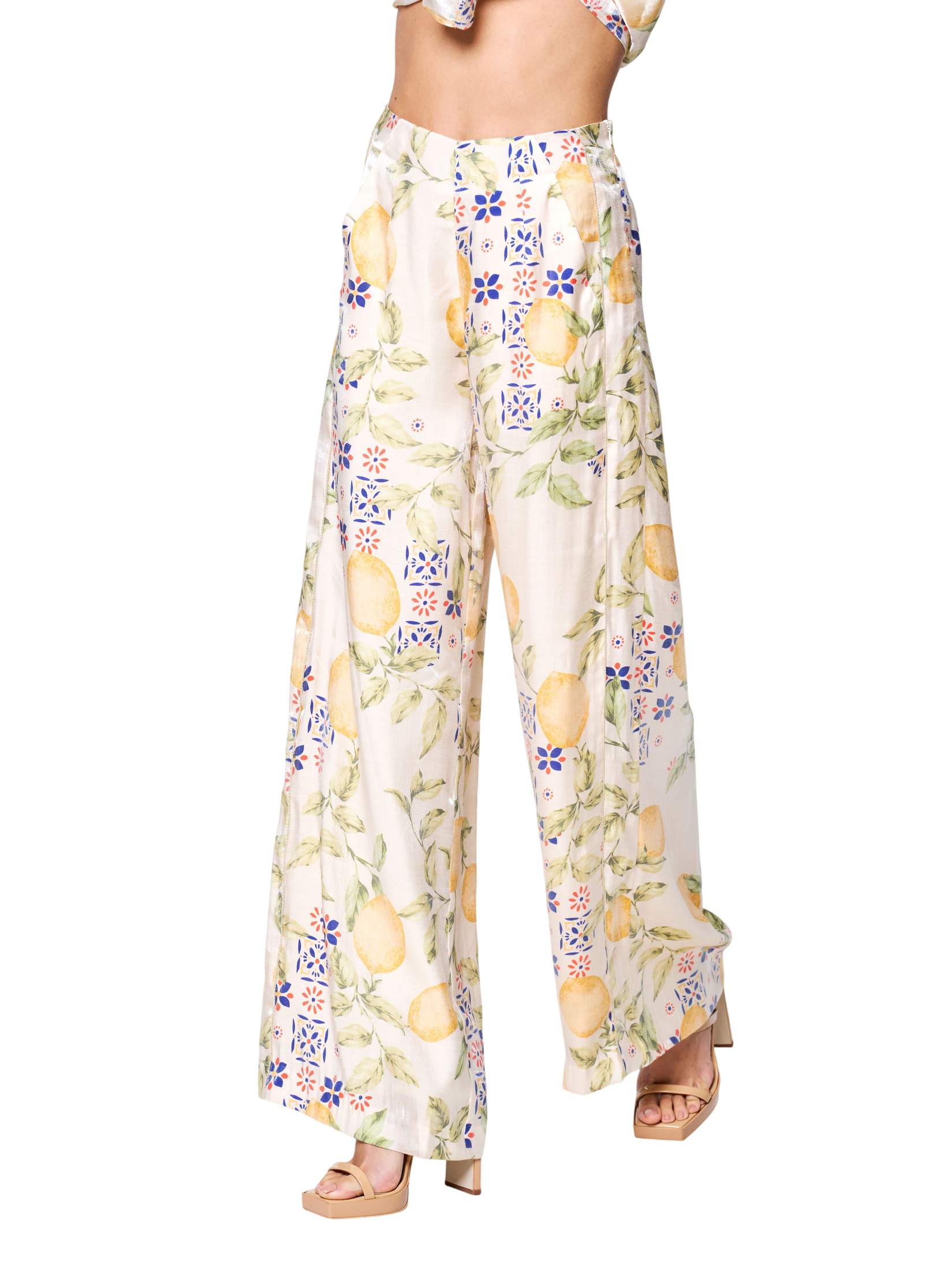 Anjella Lemon Print Satin Pants