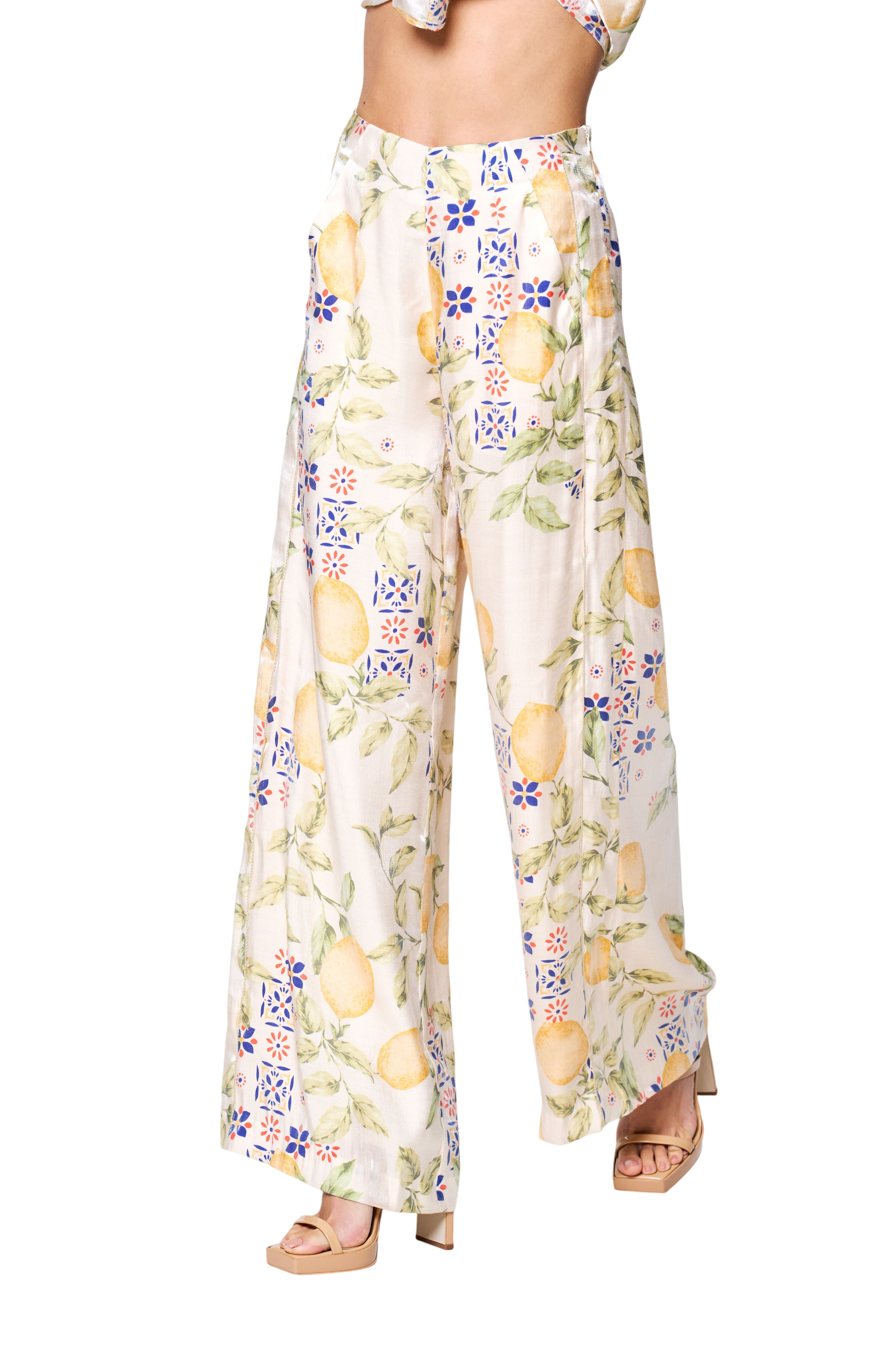 Anjella Lemon Print Satin Pants