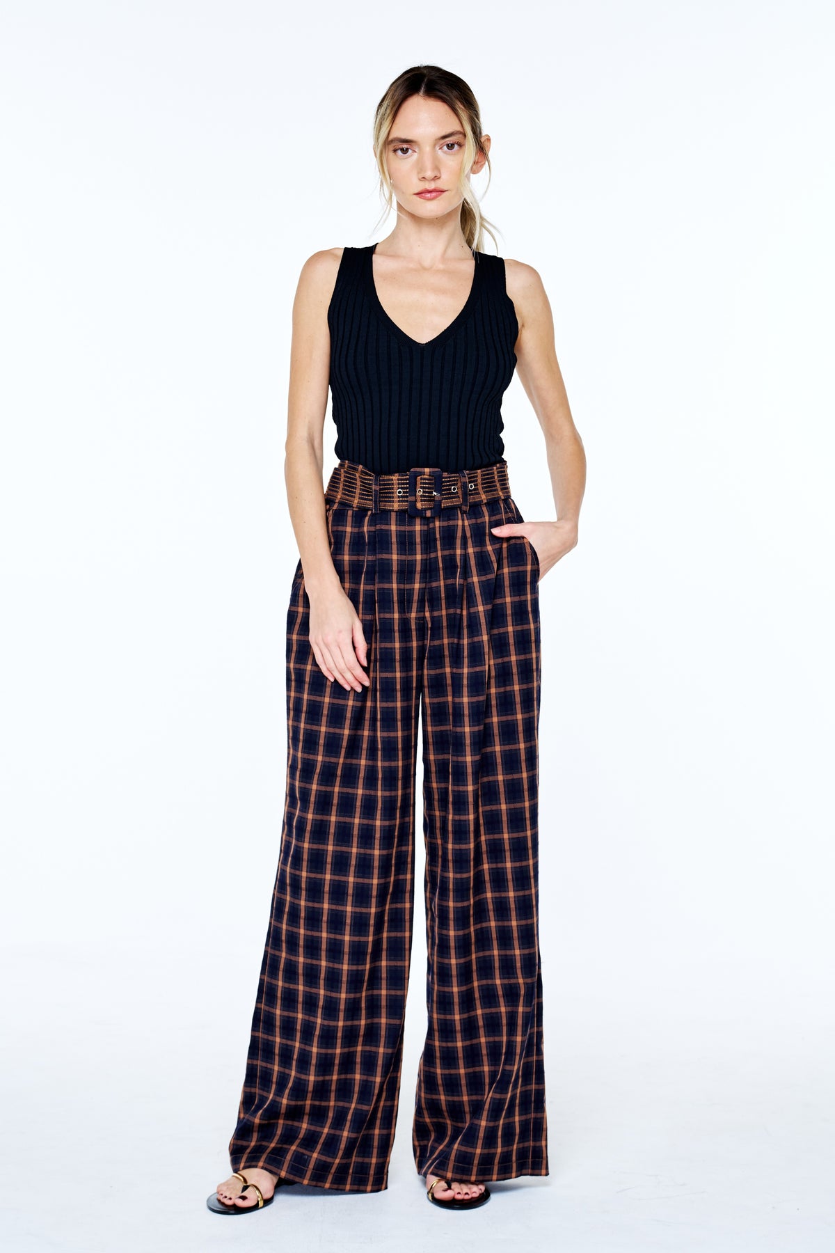 Sydney Belted Plaid Wide Leg Pants