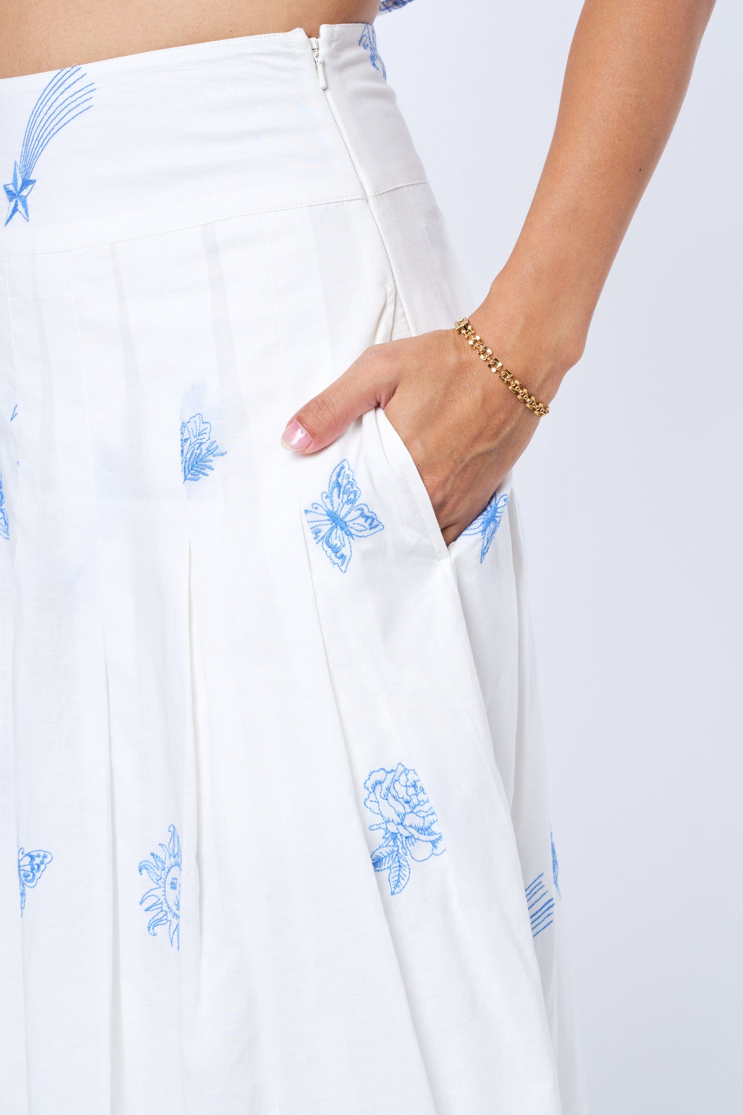 Rezza Embroidered Cotton Pleated Midi Skirt