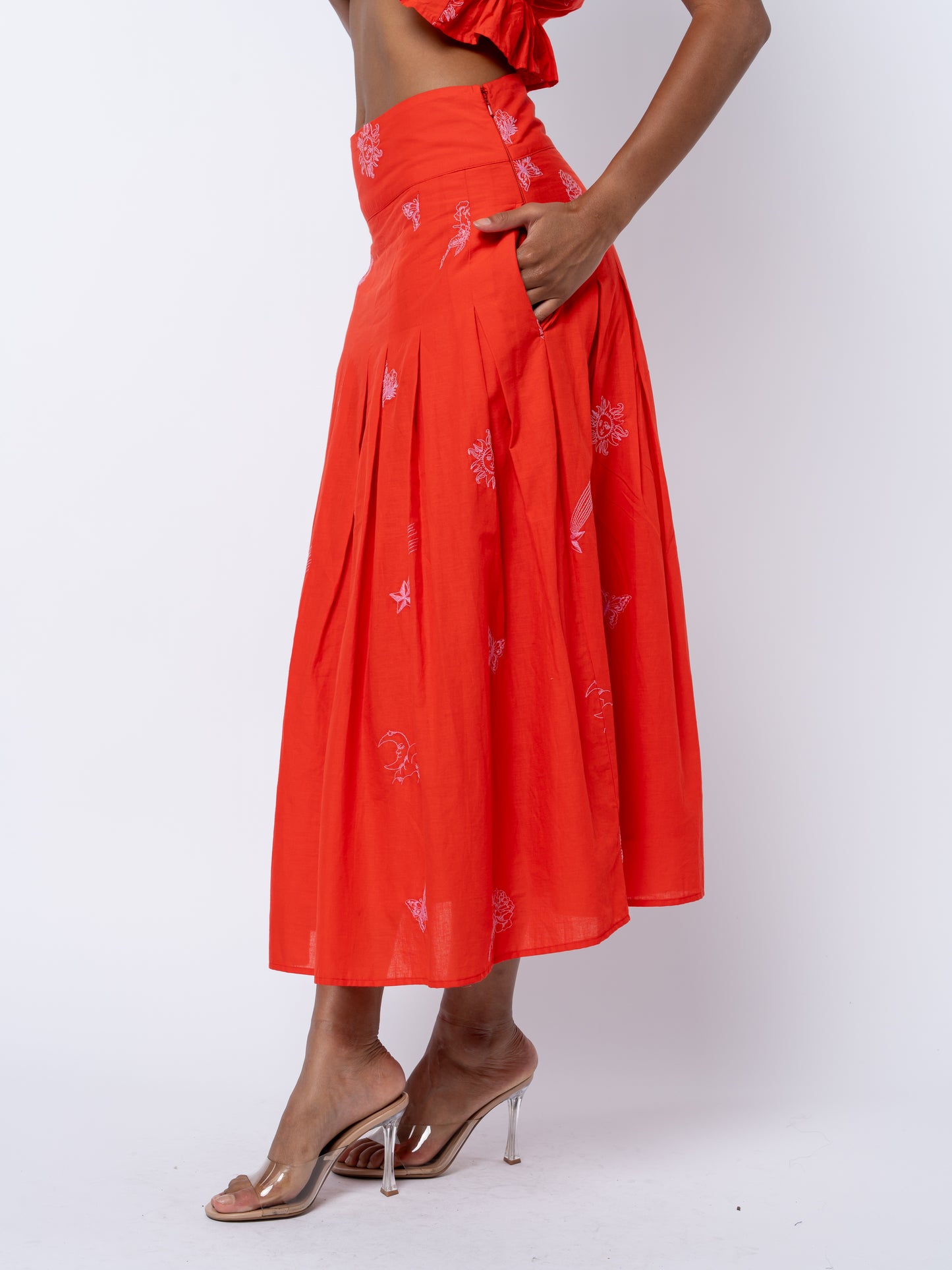 Rezza Embroidered Pleated Midi Skirt