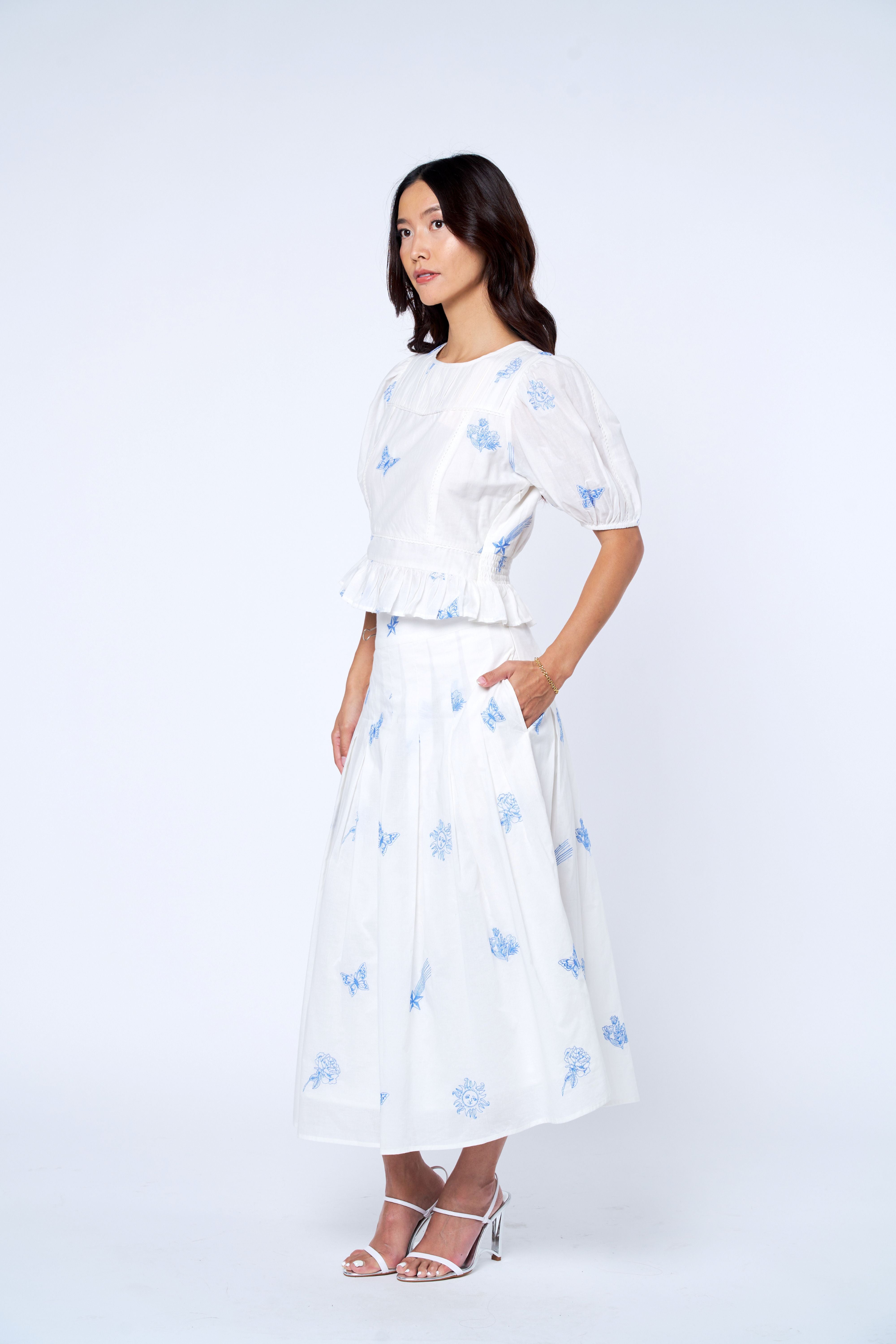 Rezza Embroidered Cotton Pleated Midi Skirt