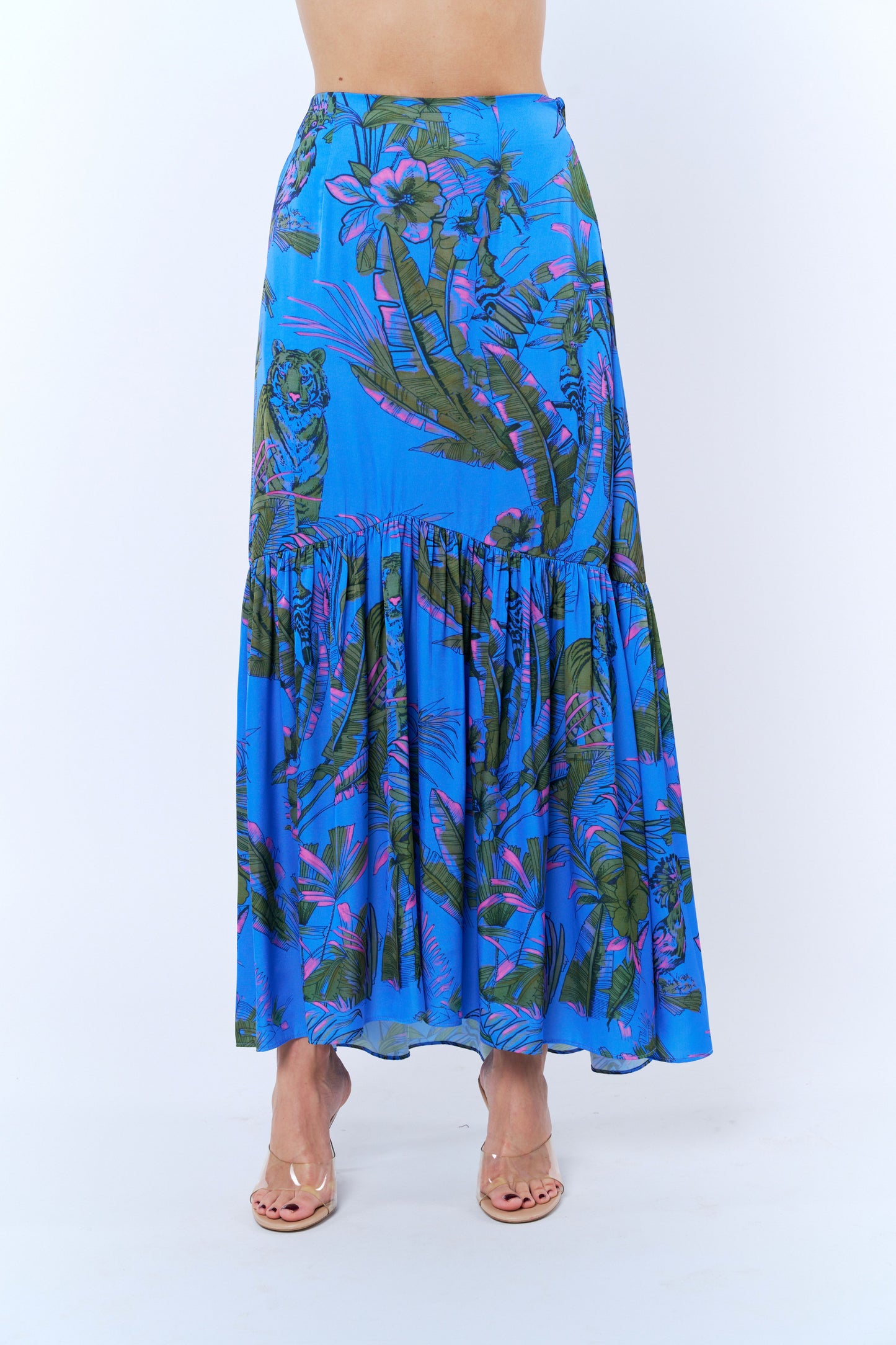 Lara Tropical Print Tiered Maxi Skirt
