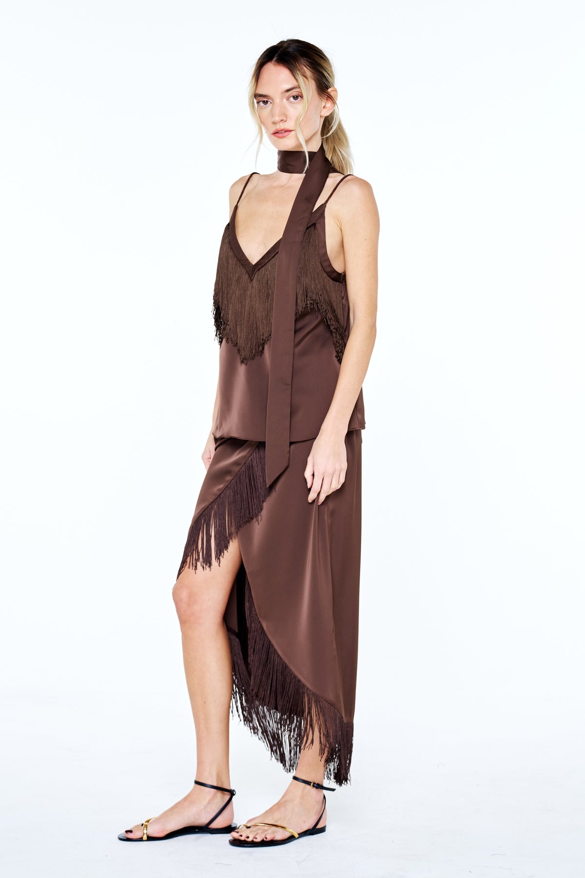 Sana Fringe Trim Satin Midi Skirt