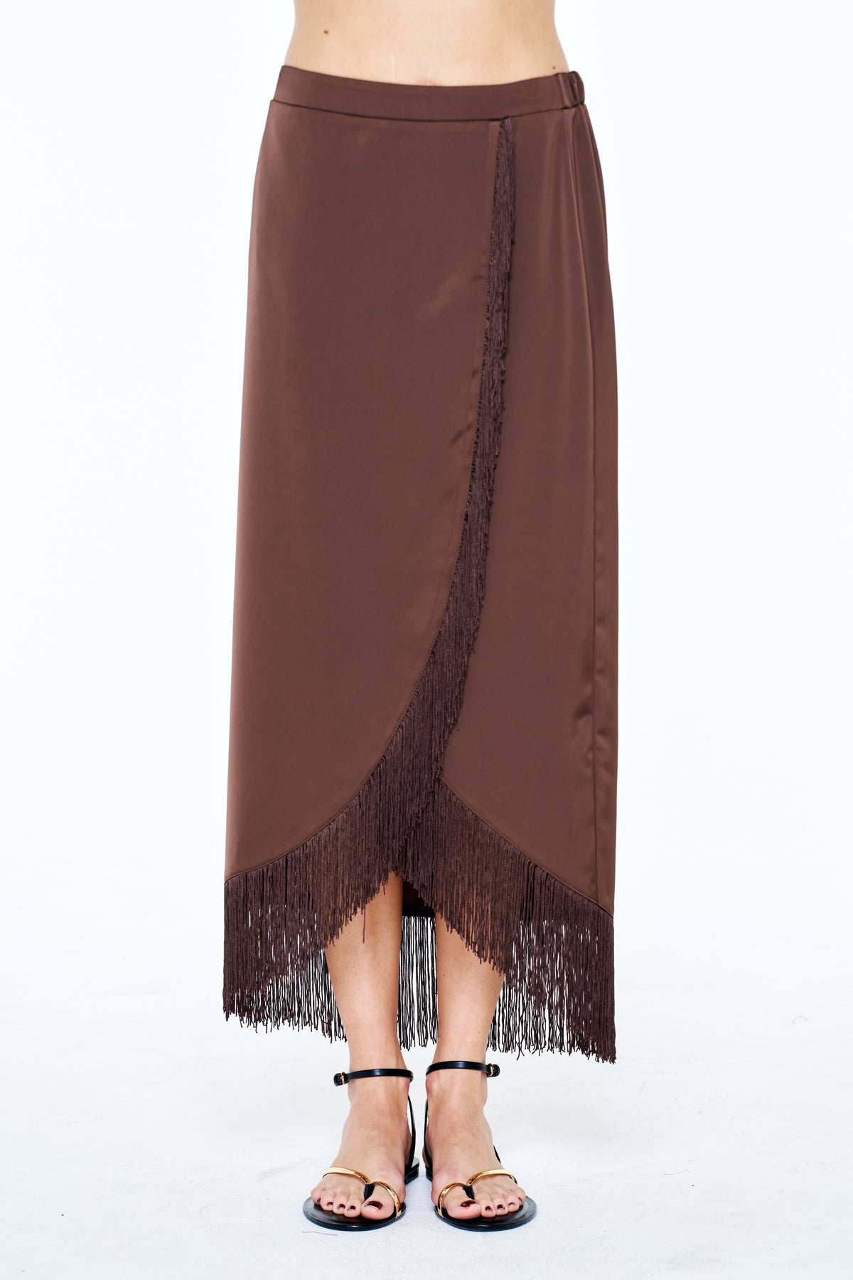 Sana Fringe Trim Satin Midi Skirt