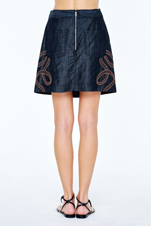 Load image 1 in gallery view. Mya Embroidered Faux Denim Mini Skirt