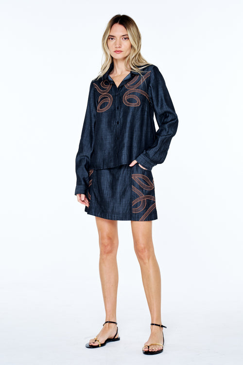 Load image 1 in gallery view. Julianna Embroidered Faux Denim Button-Up Top