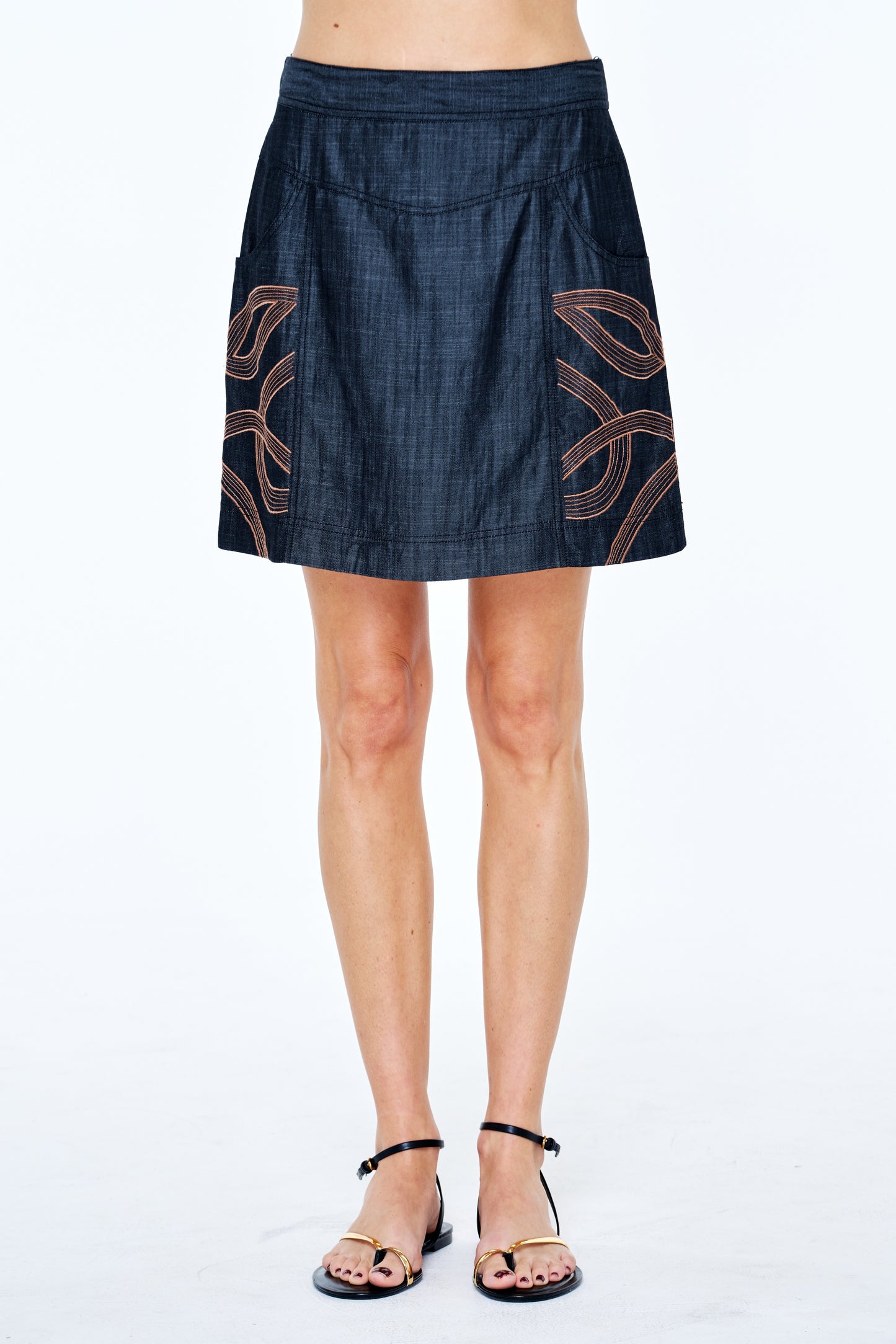 Mya Embroidered Faux Denim Mini Skirt