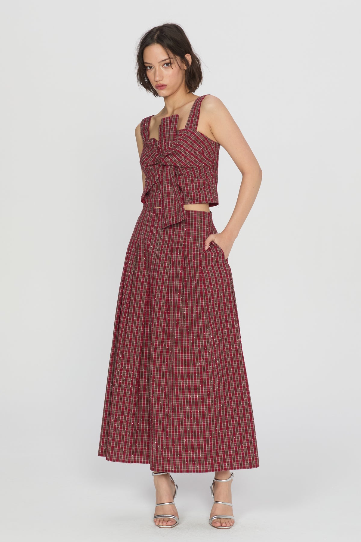 Pheona Embellished Plaid Pleated Midi Skirt