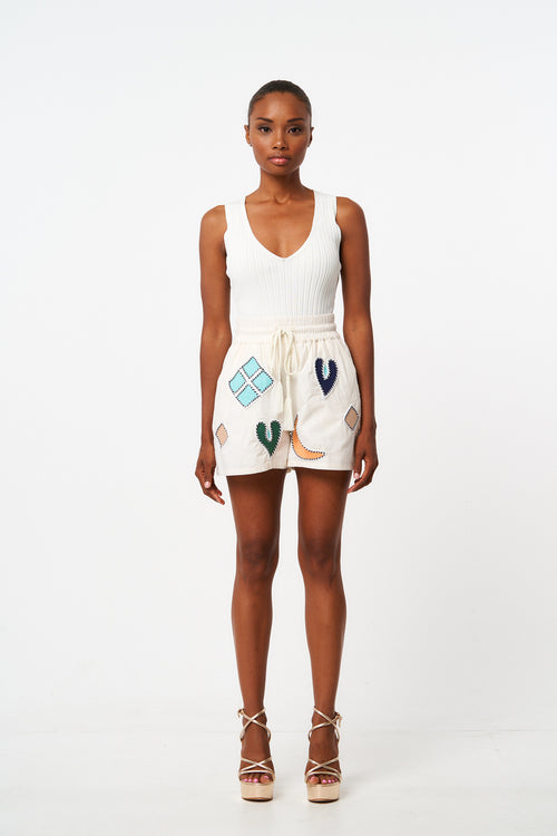 Load image 1 in gallery view. Kiley Embroidered Patchwork Drawstring Shorts