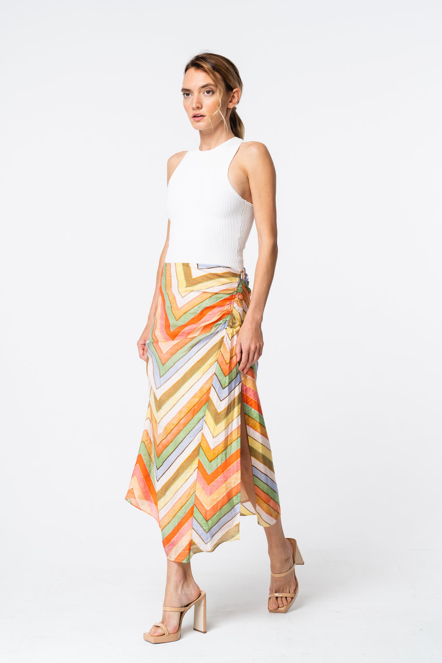 Amaya Chevron Print High-Waisted Midi Skirt