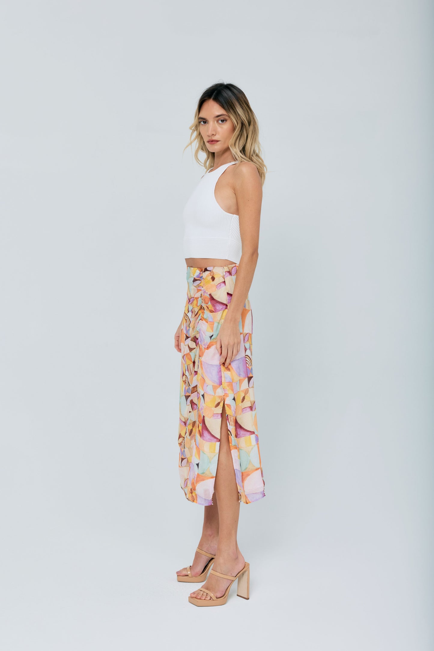 Amaya Abstract Print Satin Midi Skirt