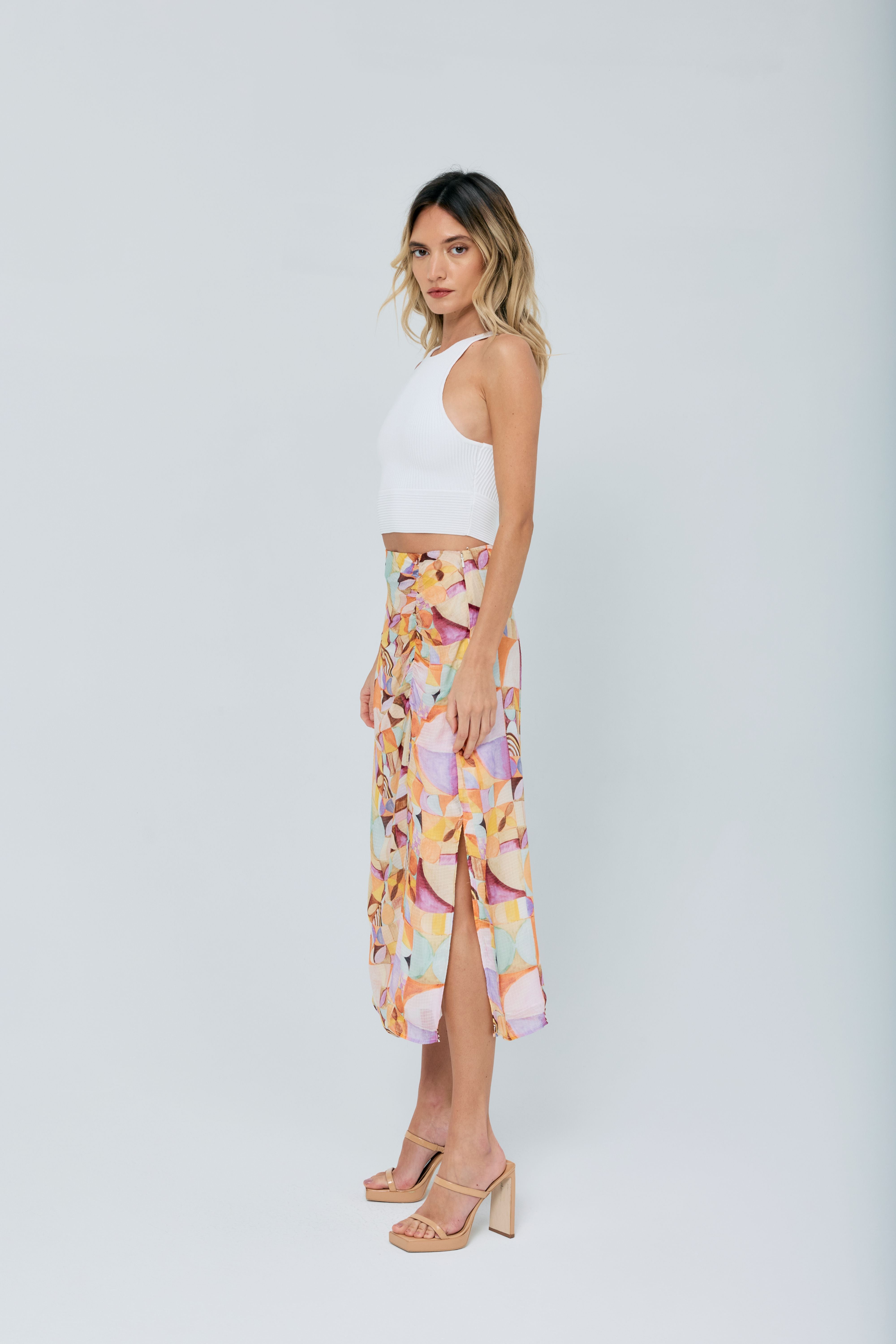 Amaya Abstract Print Satin Midi Skirt