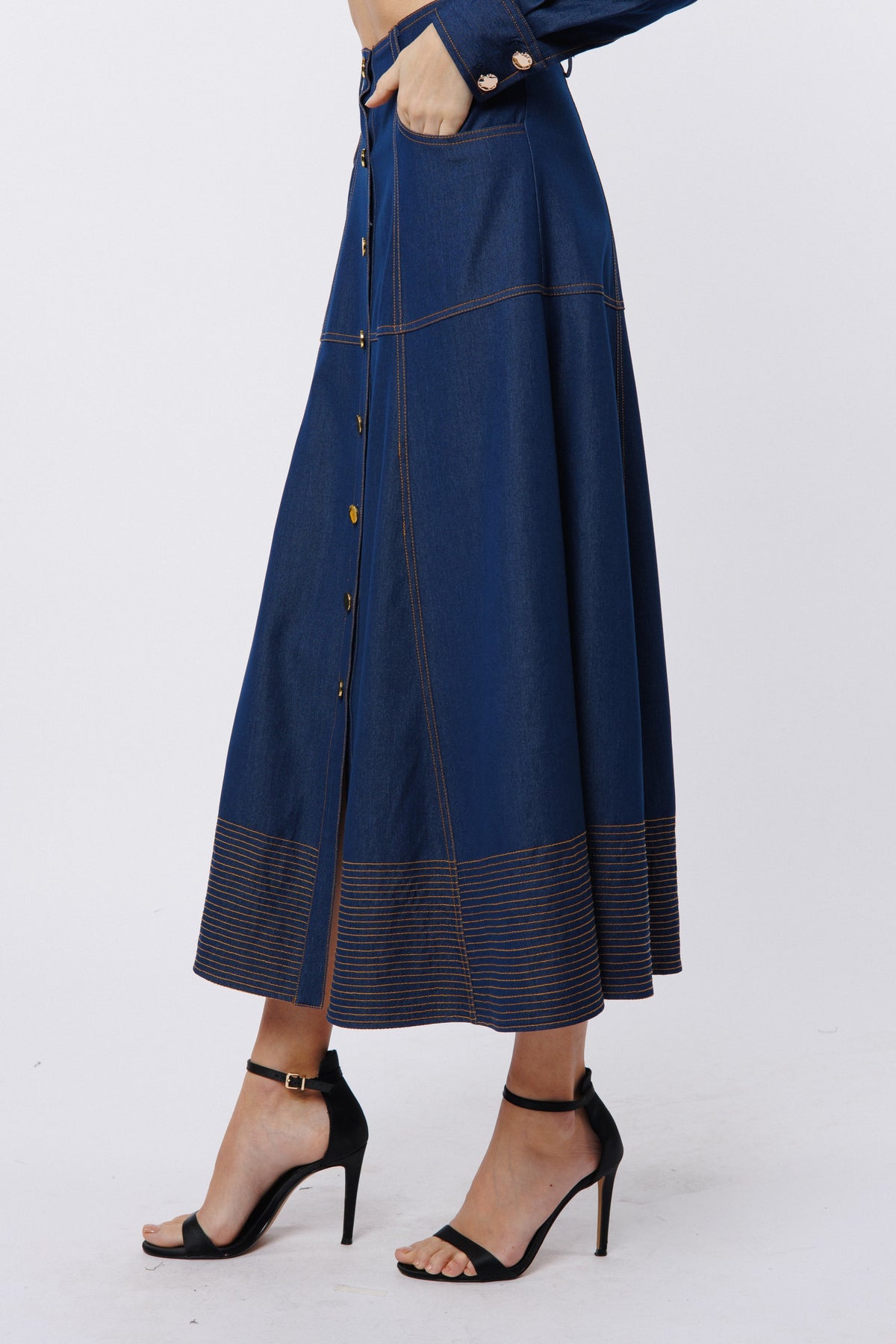 Lilian Topstiched Denim Midi Skirt