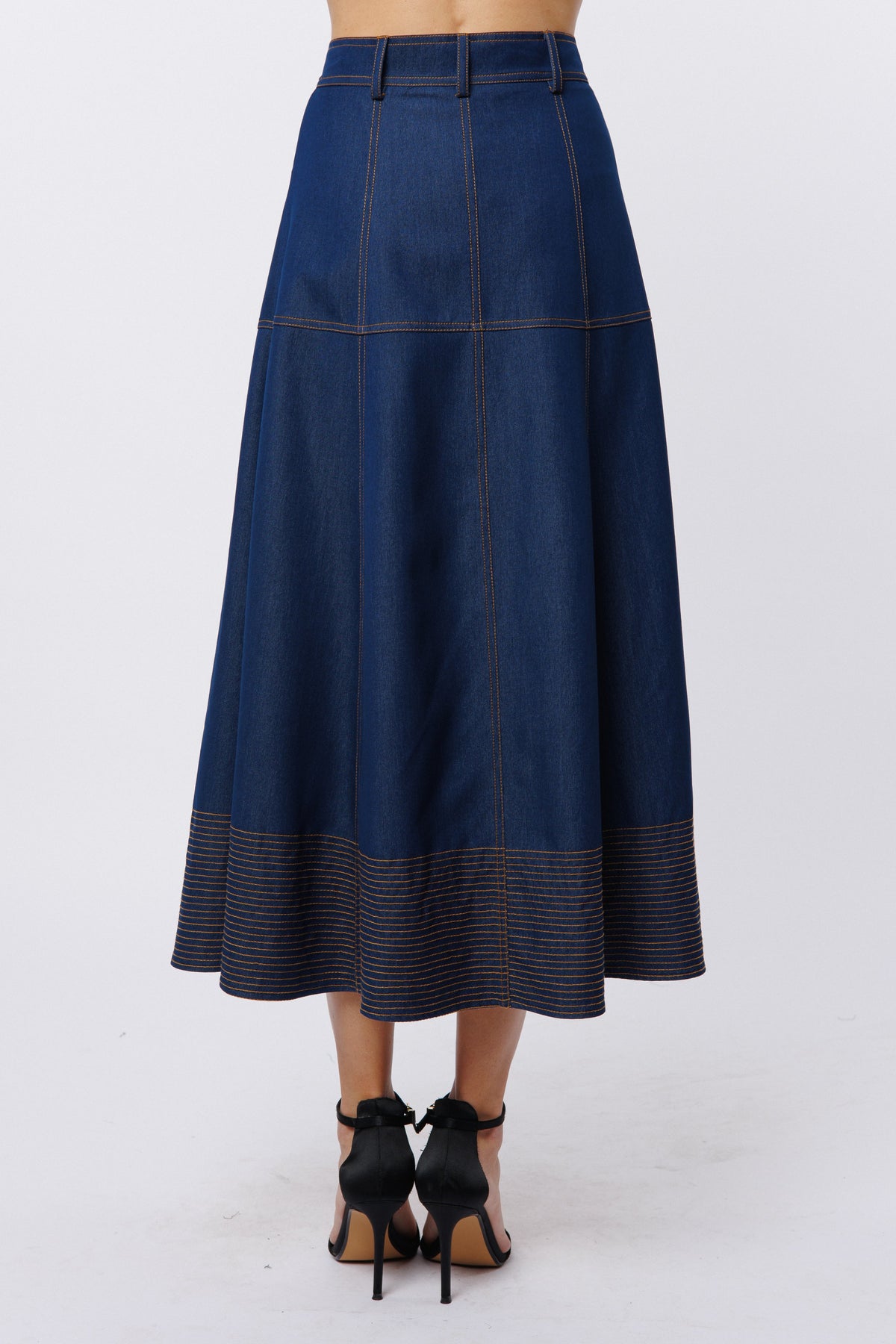 Lilian Topstiched Denim Midi Skirt
