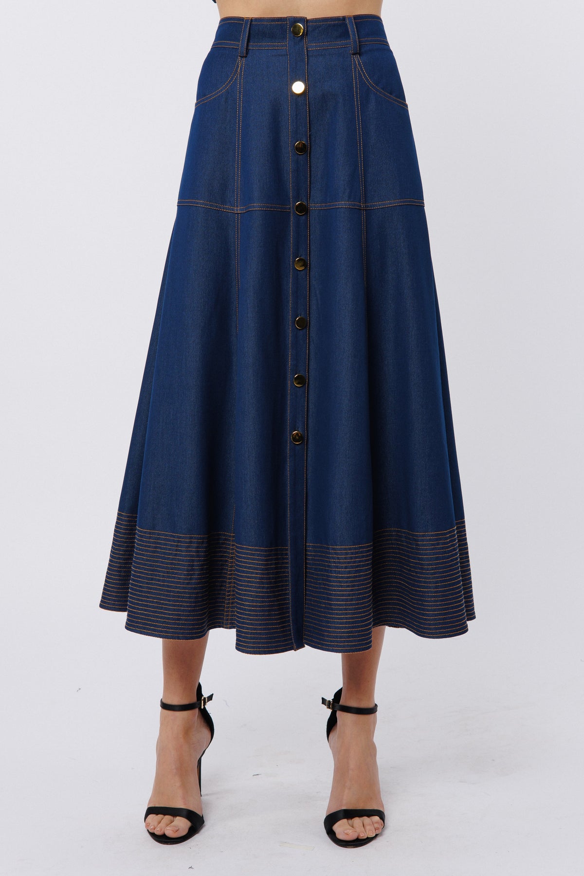 Lilian Topstiched Denim Midi Skirt