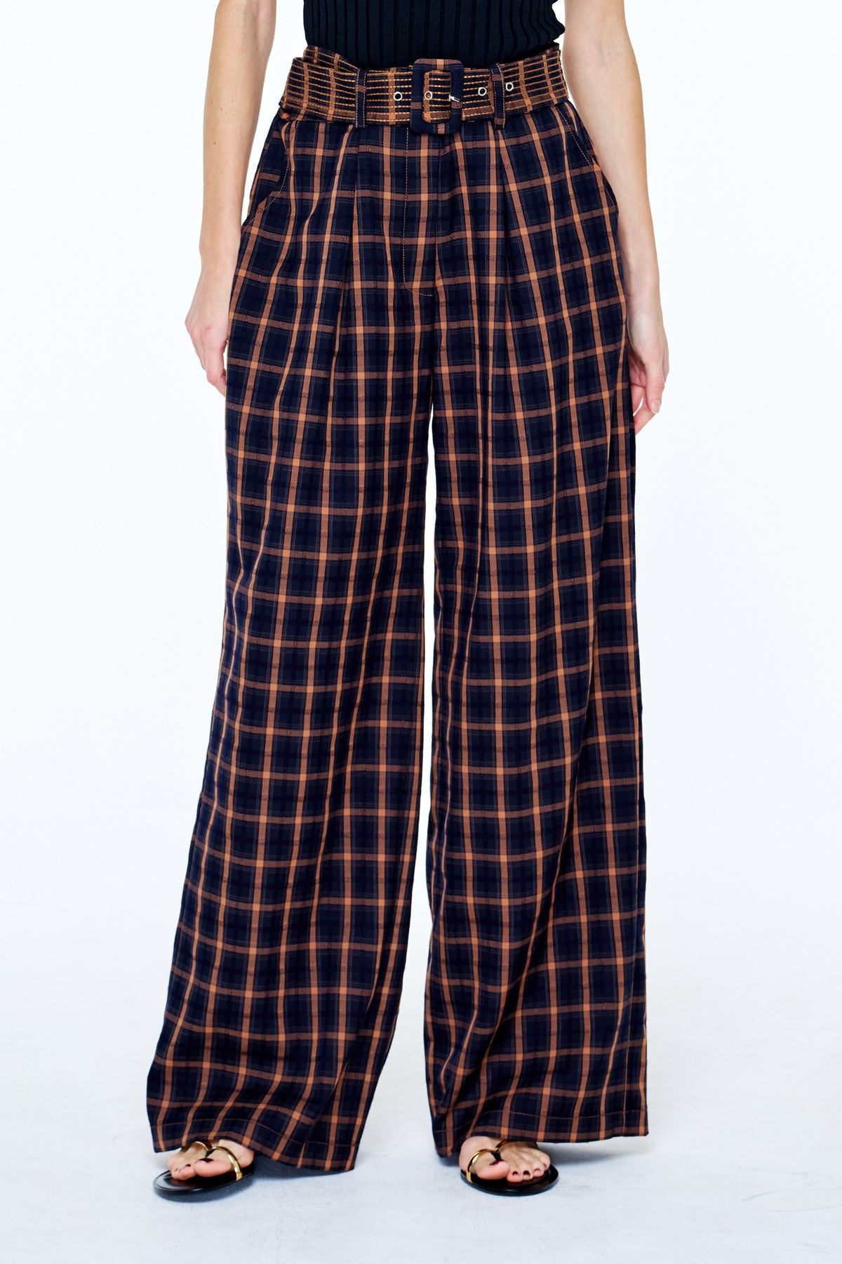 Sydney Belted Plaid Wide Leg Pants