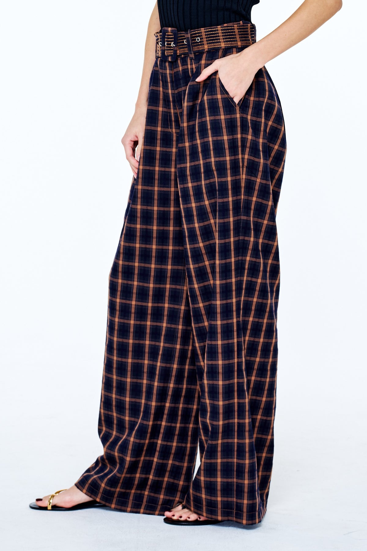 Sydney Belted Plaid Wide Leg Pants