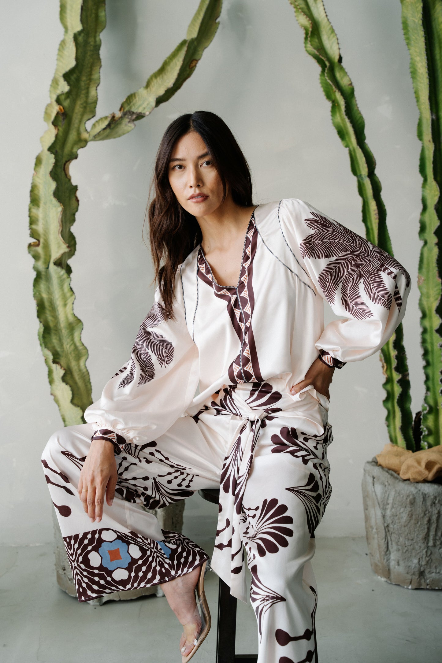 Kensley Palm Print Satin Top