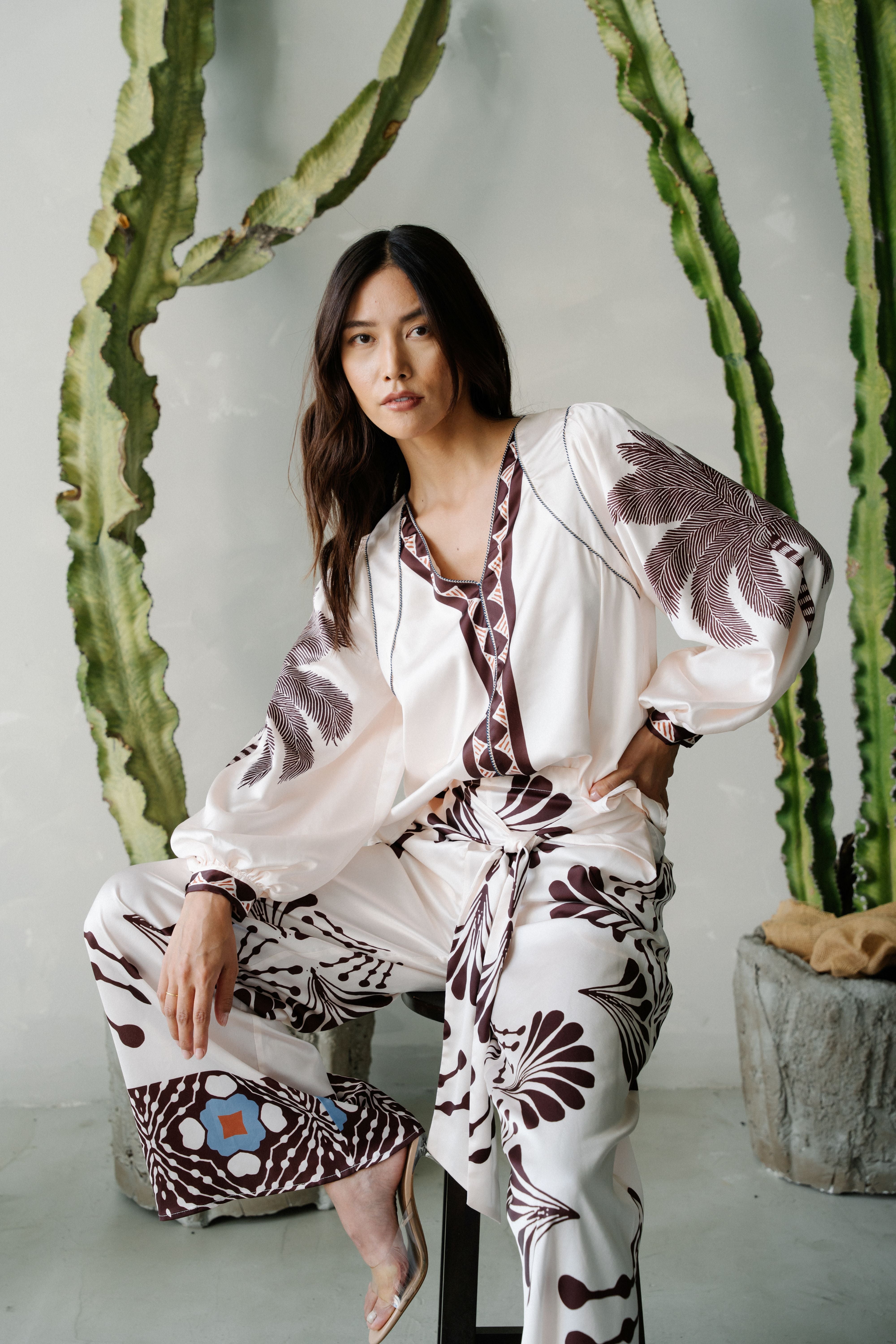 Kensley Palm Print Satin Top