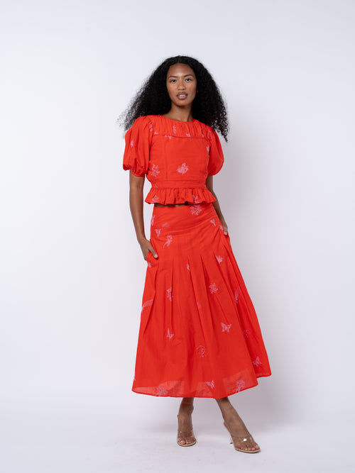 Load image 1 in gallery view. Rezza Embroidered Pleated Midi Skirt