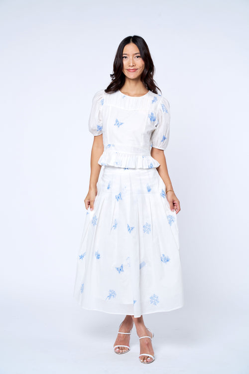 Load image 1 in gallery view. Rezza Embroidered Cotton Pleated Midi Skirt