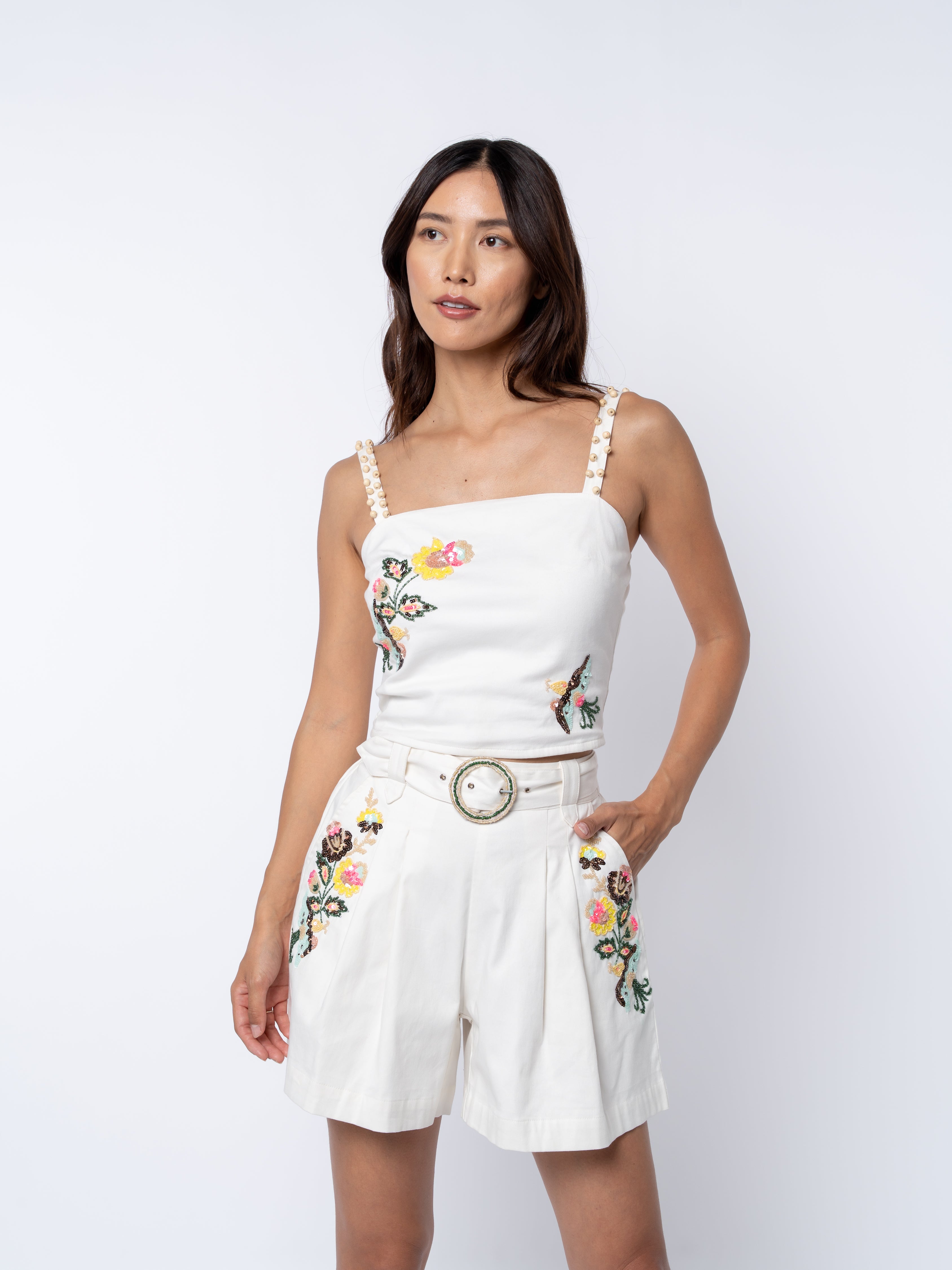 Seleste Beaded Floral Belted Shorts