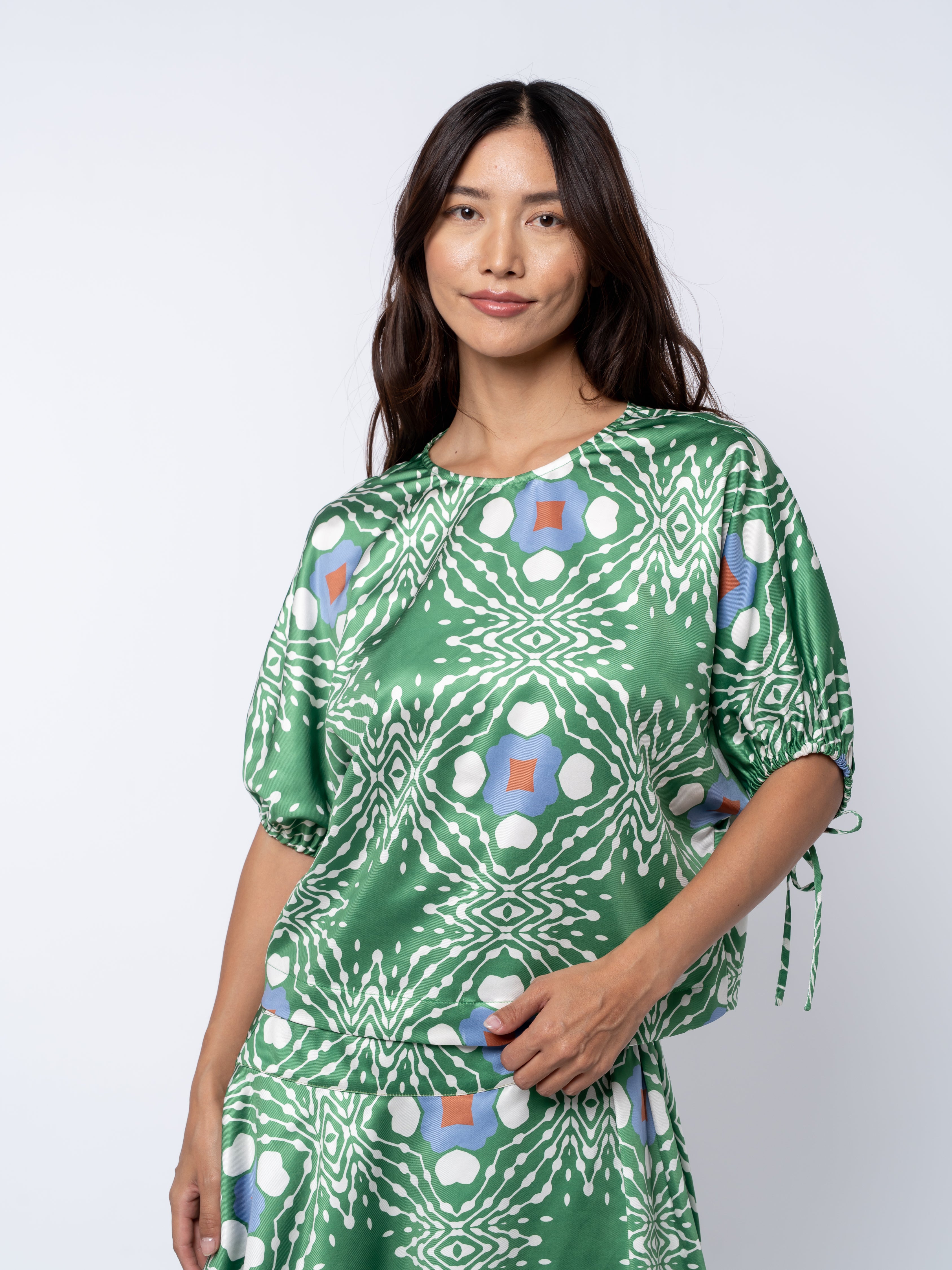 Brigette Abstract Print Drawstring Satin Top
