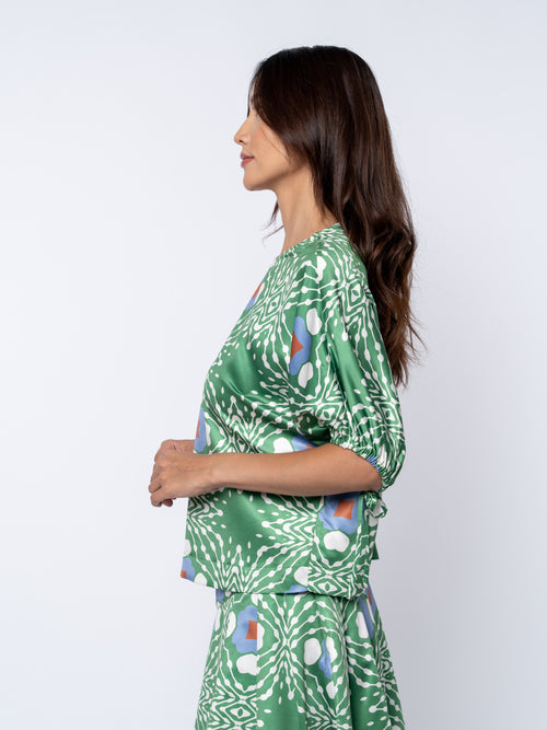 Load image 1 in gallery view. Brigette Abstract Print Drawstring Satin Top