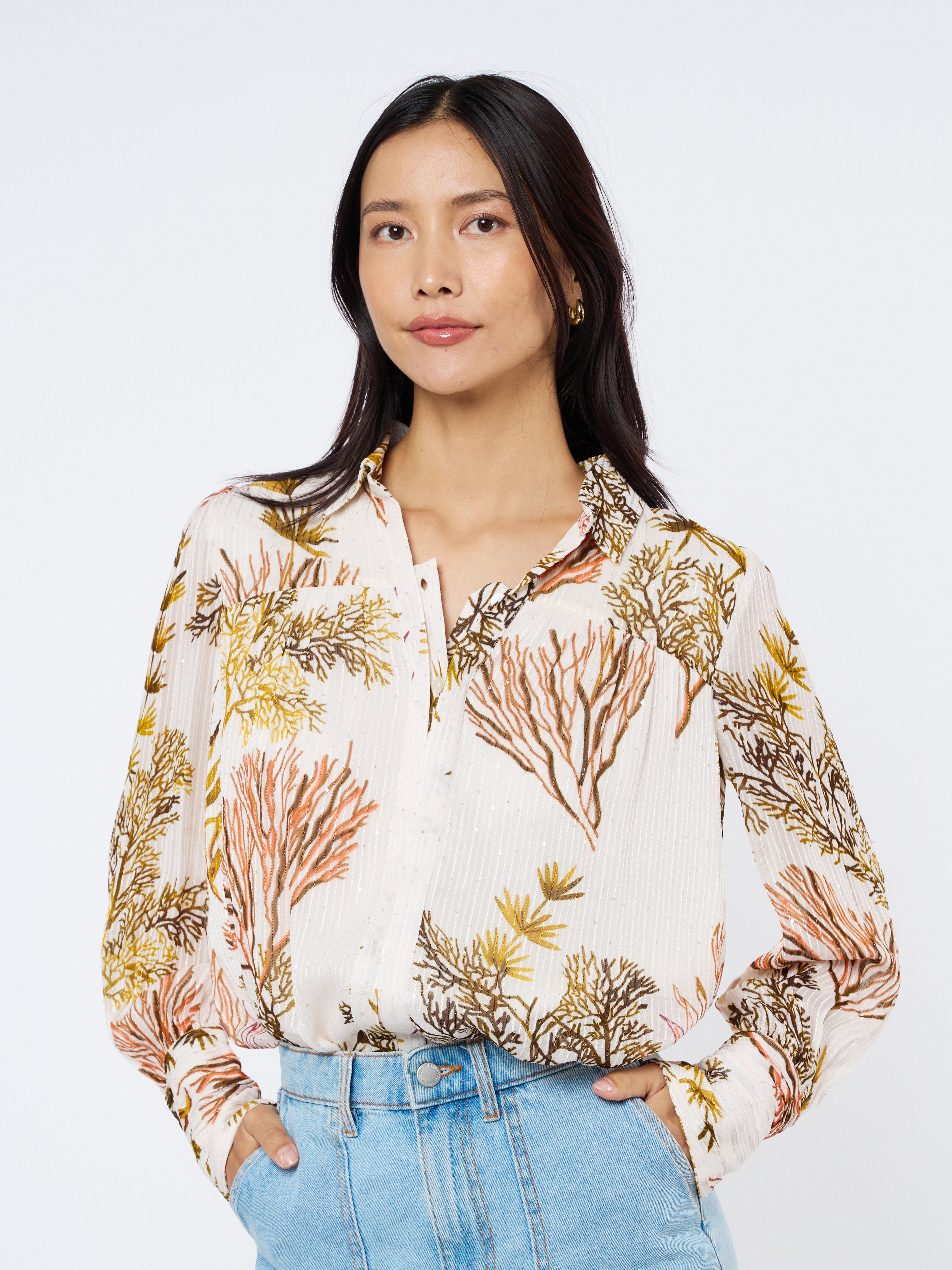 Sila Coral Print Button-Up Top