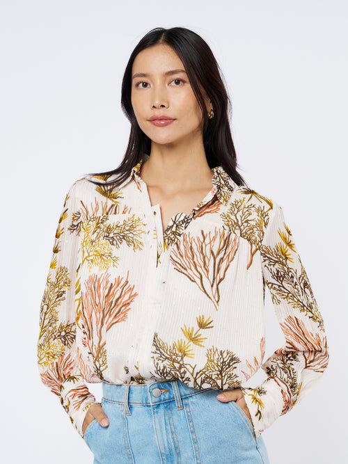 Load image 1 in gallery view. Sila Coral Print Button-Up Top