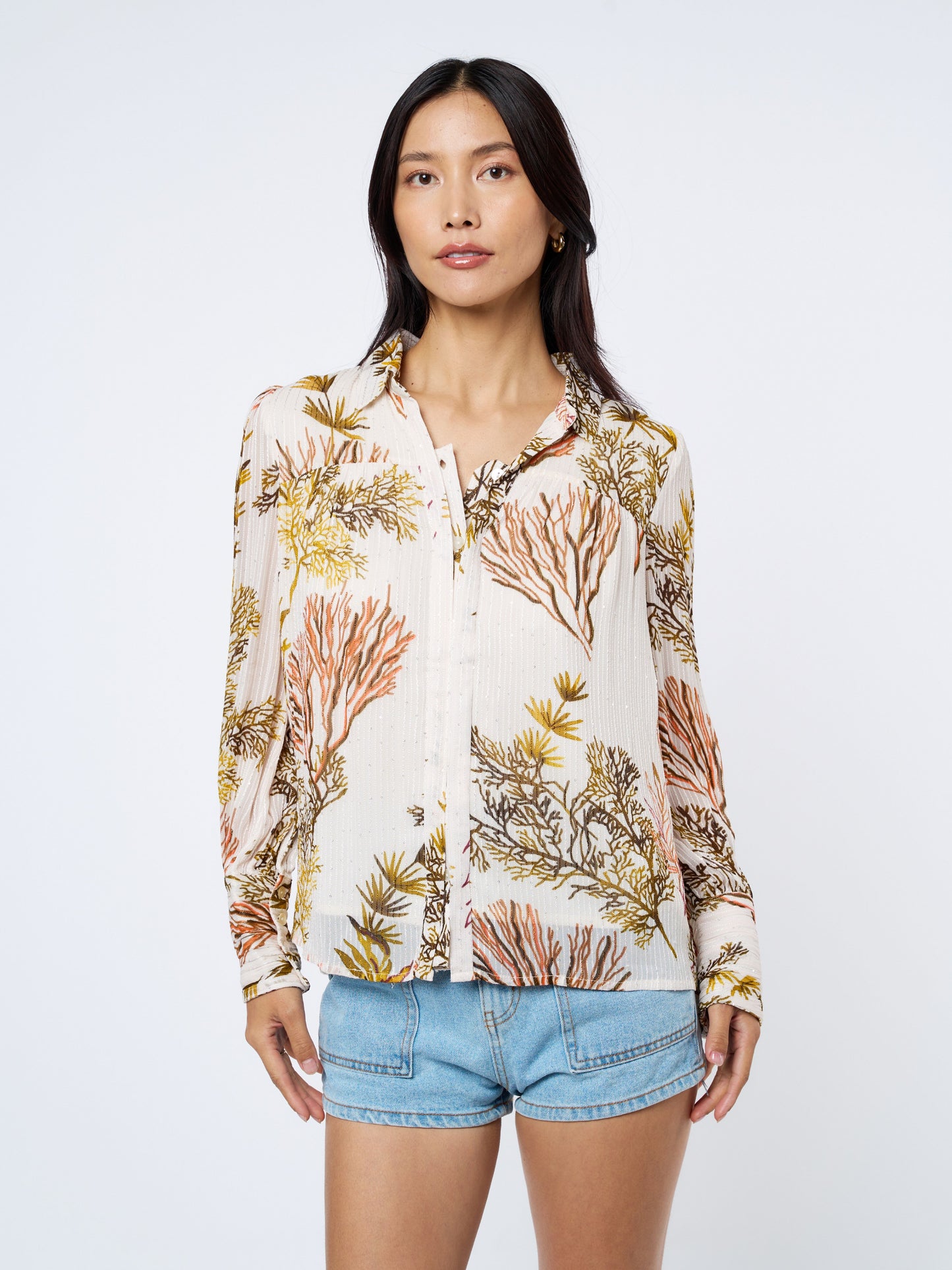 Sila Coral Print Button-Up Top