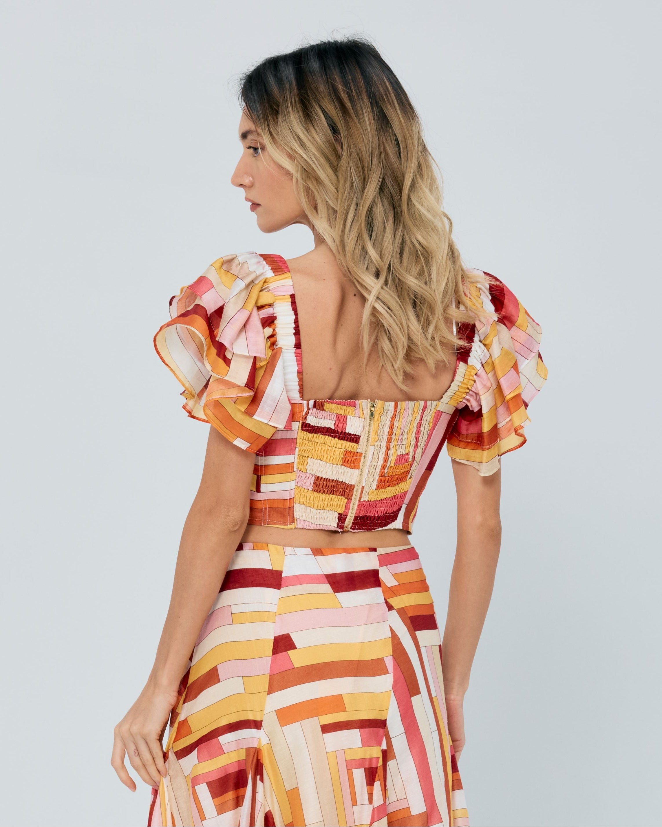 Amie Striped Ruffle Sleeve Crop Top
