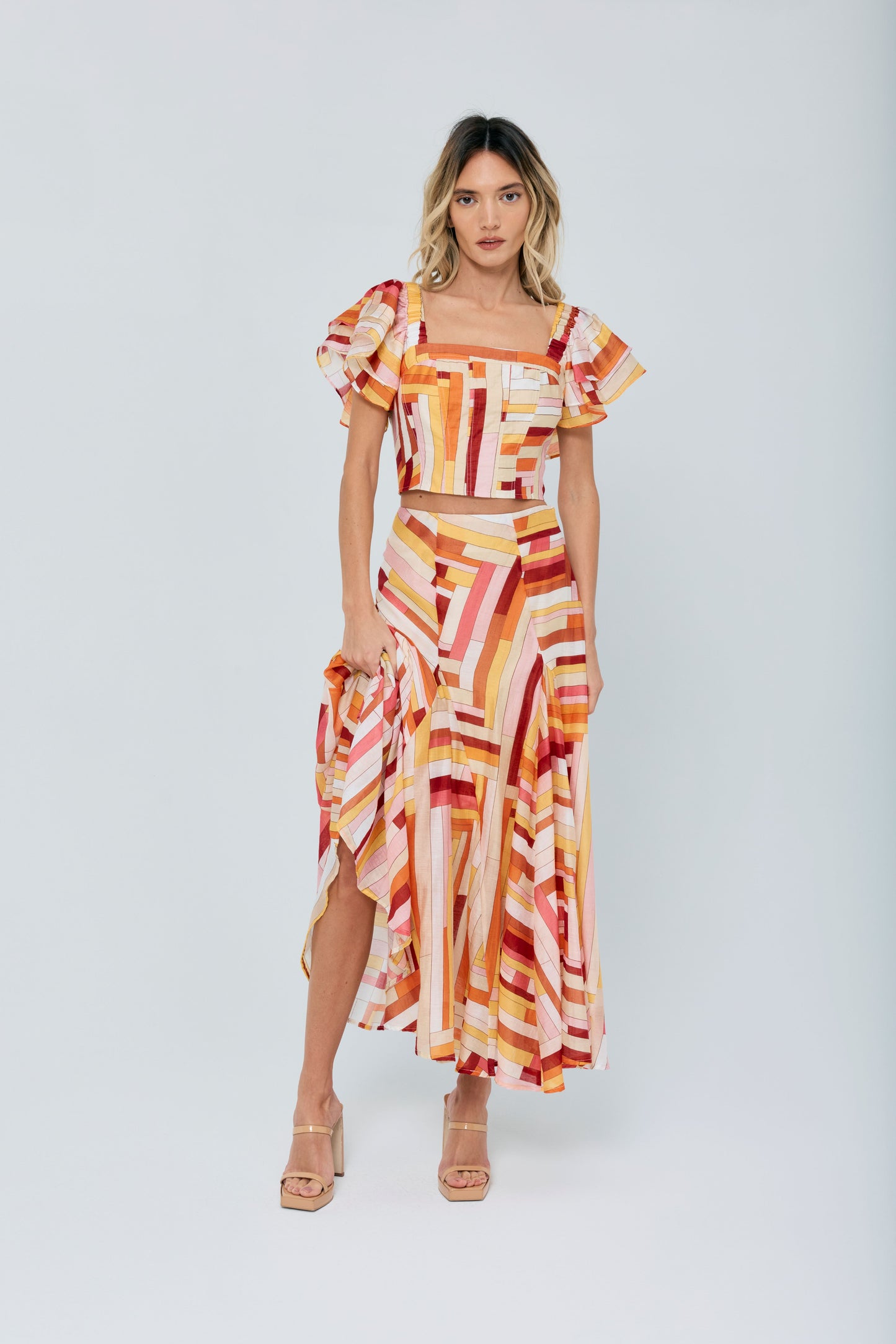Roese Striped Paneled Midi Skirt