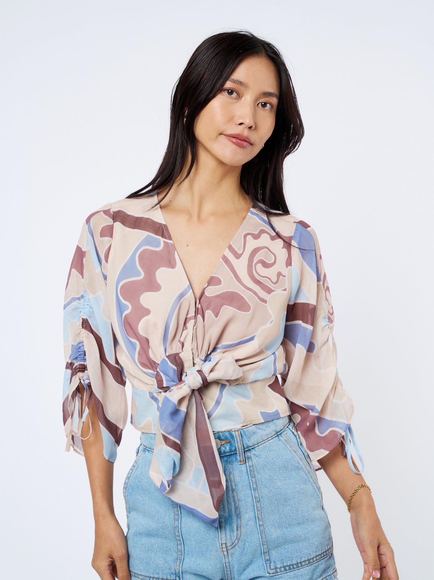 Felly Ruched Sleeve Tie Front Top
