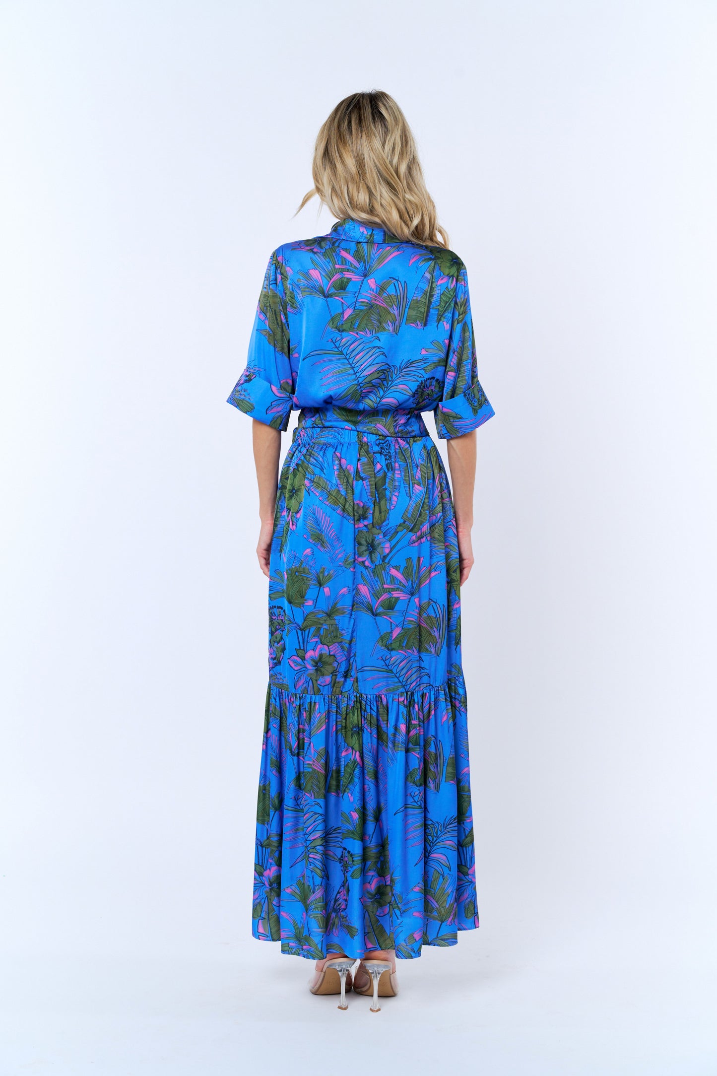 Aurelia Tropical Print Pleated Button-Up Top