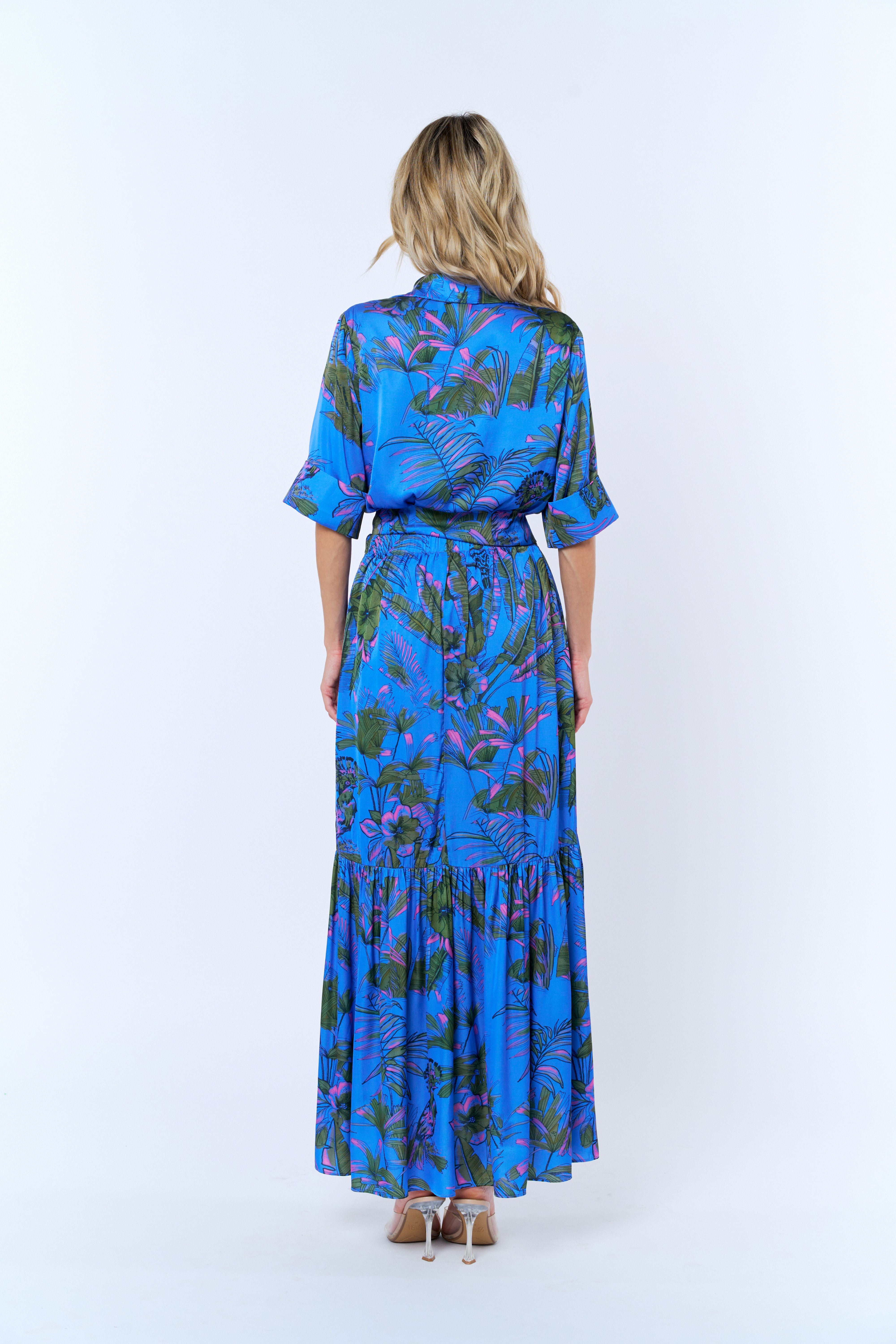 Aurelia Tropical Print Pleated Button-Up Top