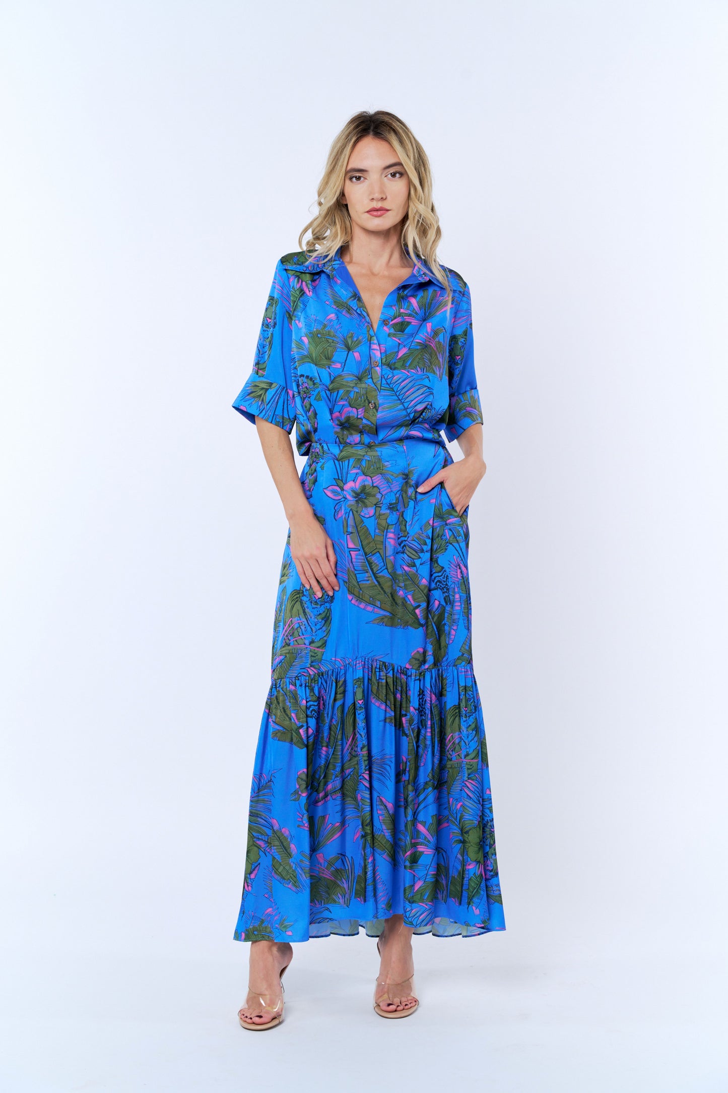 Aurelia Tropical Print Pleated Button-Up Top