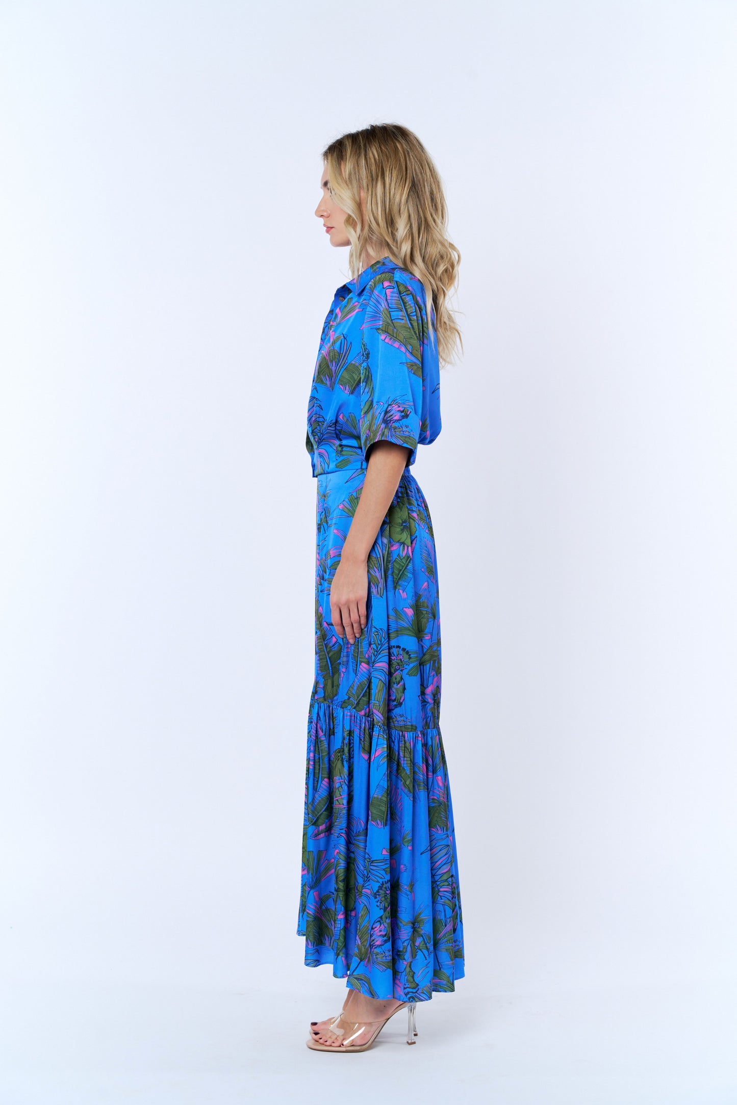 Aurelia Tropical Print Pleated Button-Up Top
