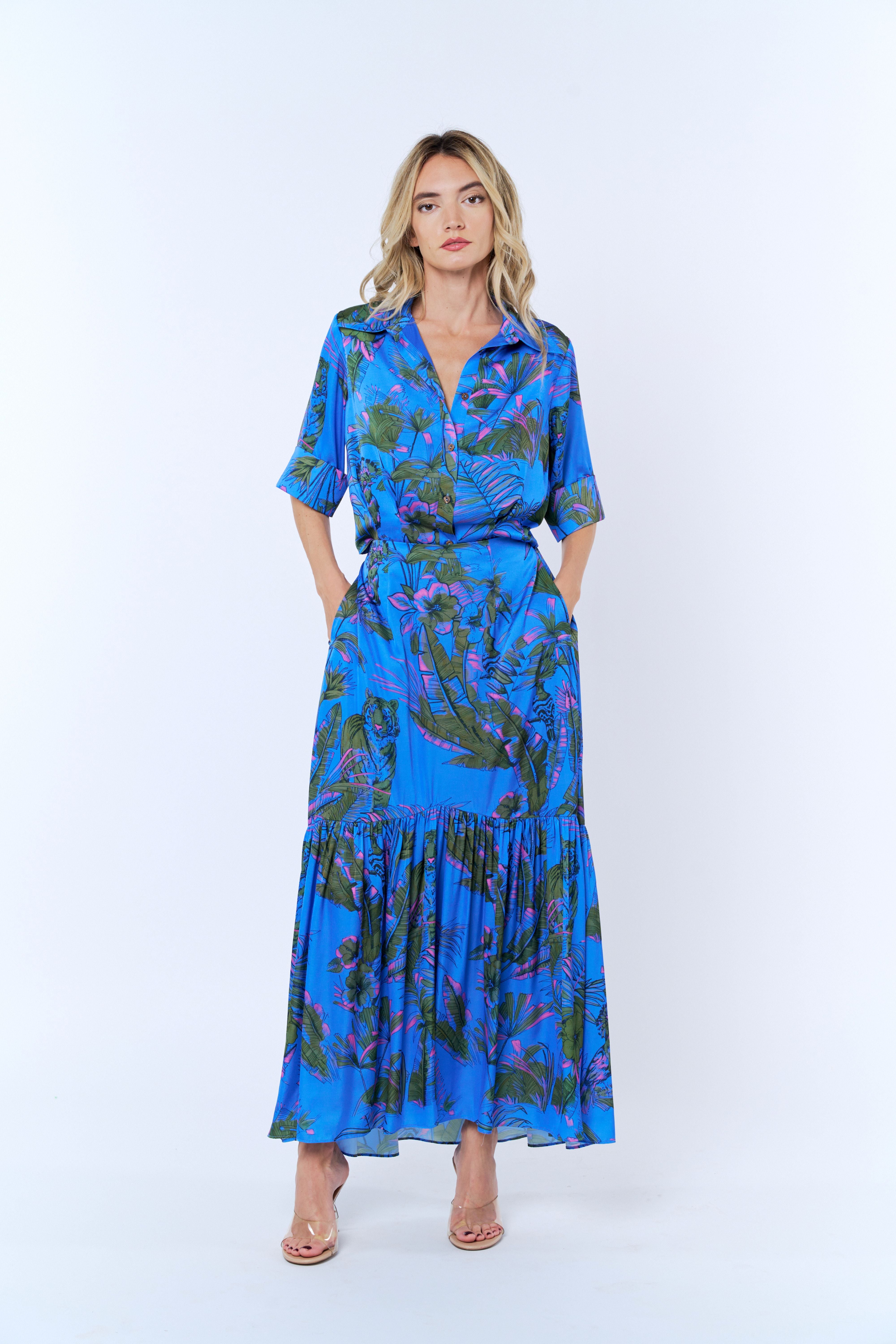 Lara Tropical Print Tiered Maxi Skirt
