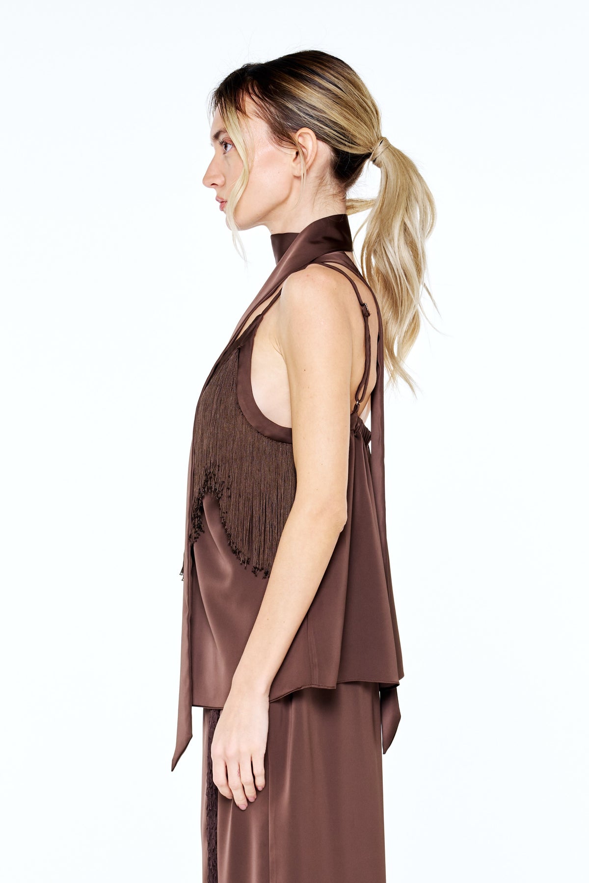 Enza Fringe Trim Satin Neck Tie Top