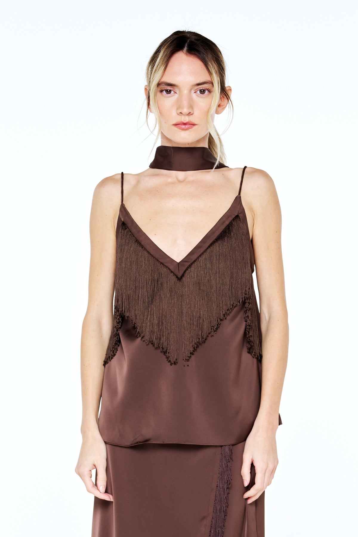 Enza Fringe Trim Satin Neck Tie Top