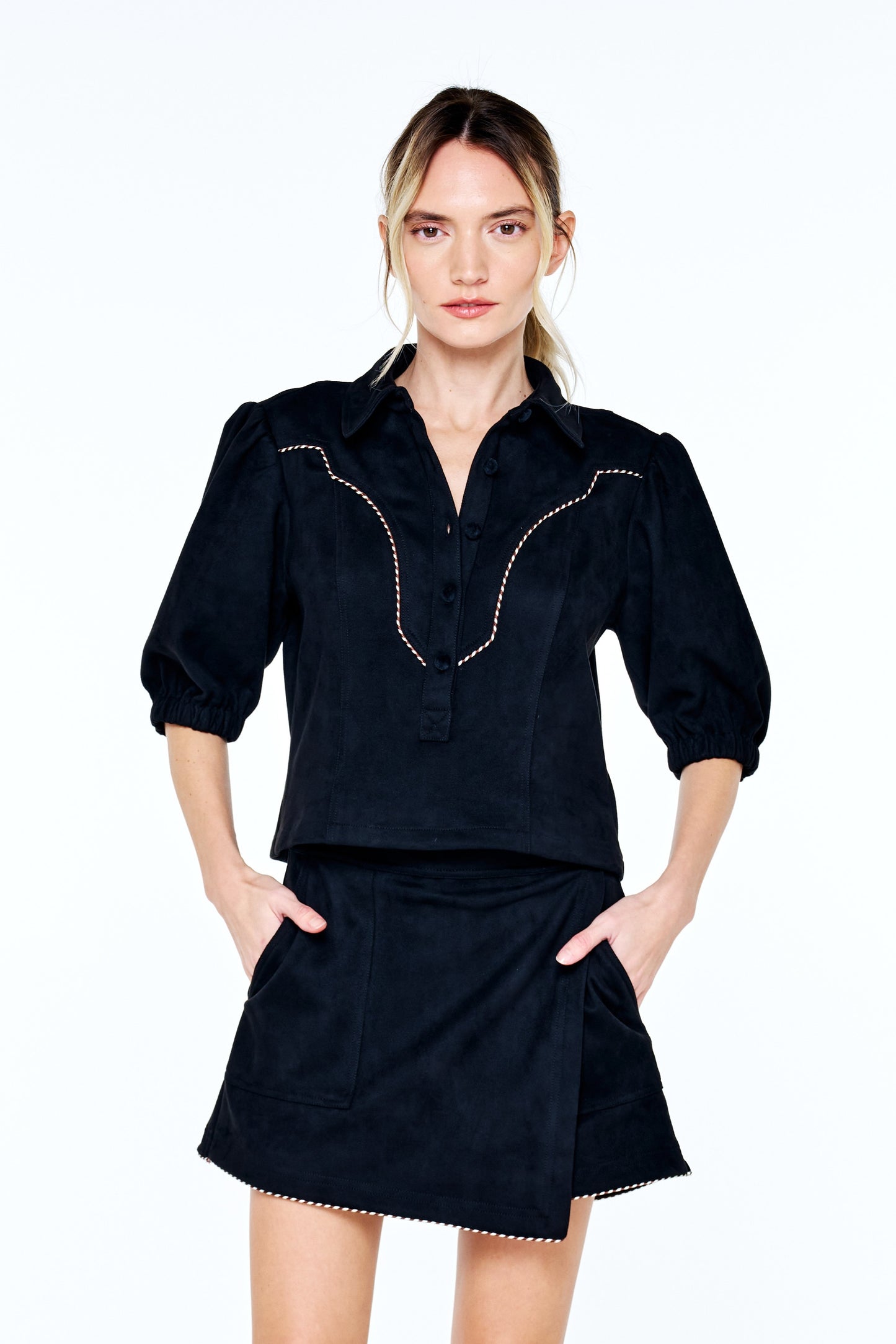 Vynessa Piping Detail Faux Suede Top