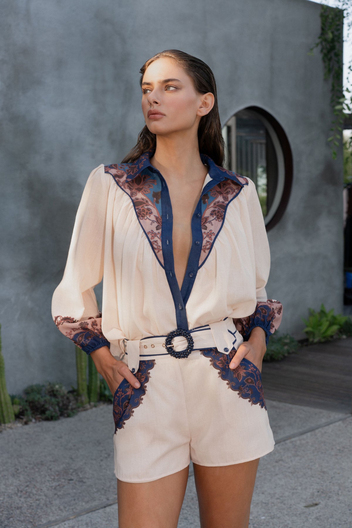 Sayla Paisley Print Long Sleeve Button-Up Top