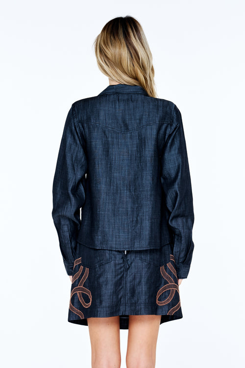 Load image 1 in gallery view. Julianna Embroidered Faux Denim Button-Up Top