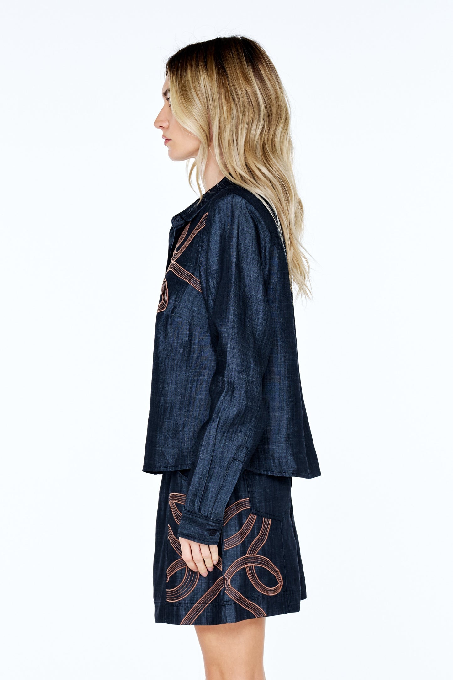Julianna Embroidered Faux Denim Button-Up Top