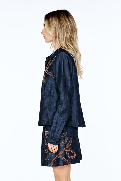 Load image 1 in gallery view. Julianna Embroidered Faux Denim Button-Up Top
