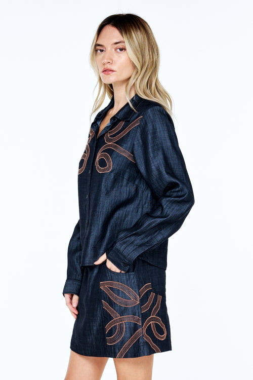 Load image 1 in gallery view. Julianna Embroidered Faux Denim Button-Up Top