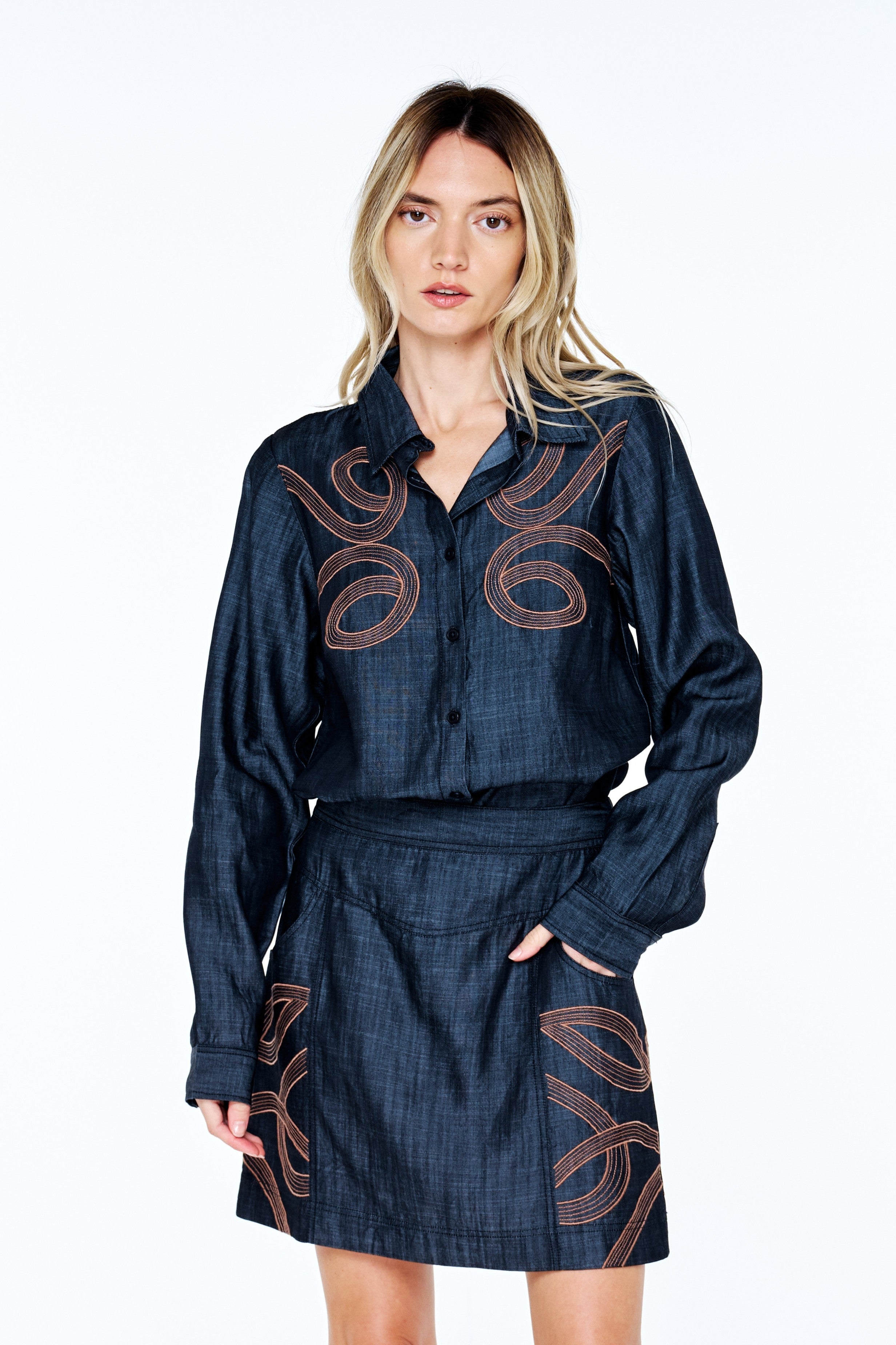 Julianna Embroidered Faux Denim Button-Up Top