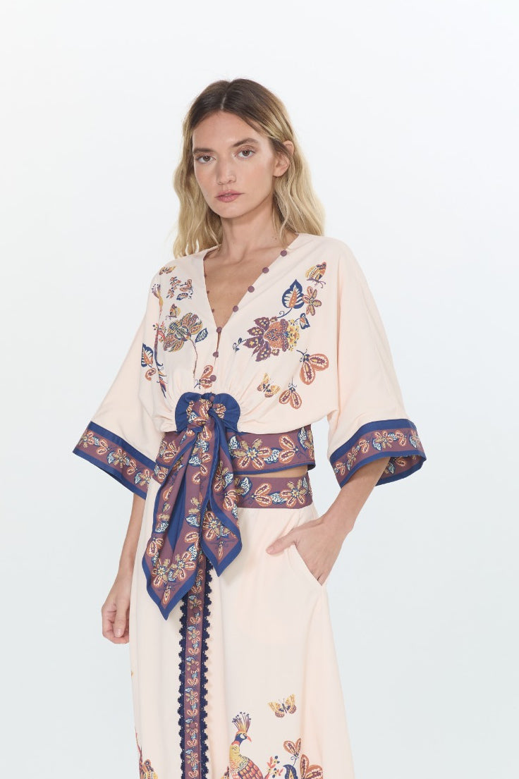 Lynette Bird Print Tie Front Top